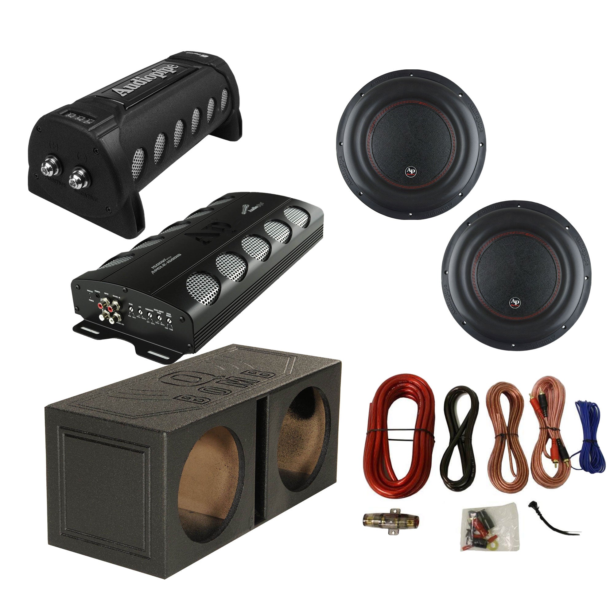 Audiopipe Car Stereo Amplifier w/ Capacitor, 2 Subwoofers, Sub Box, & Wire Kit