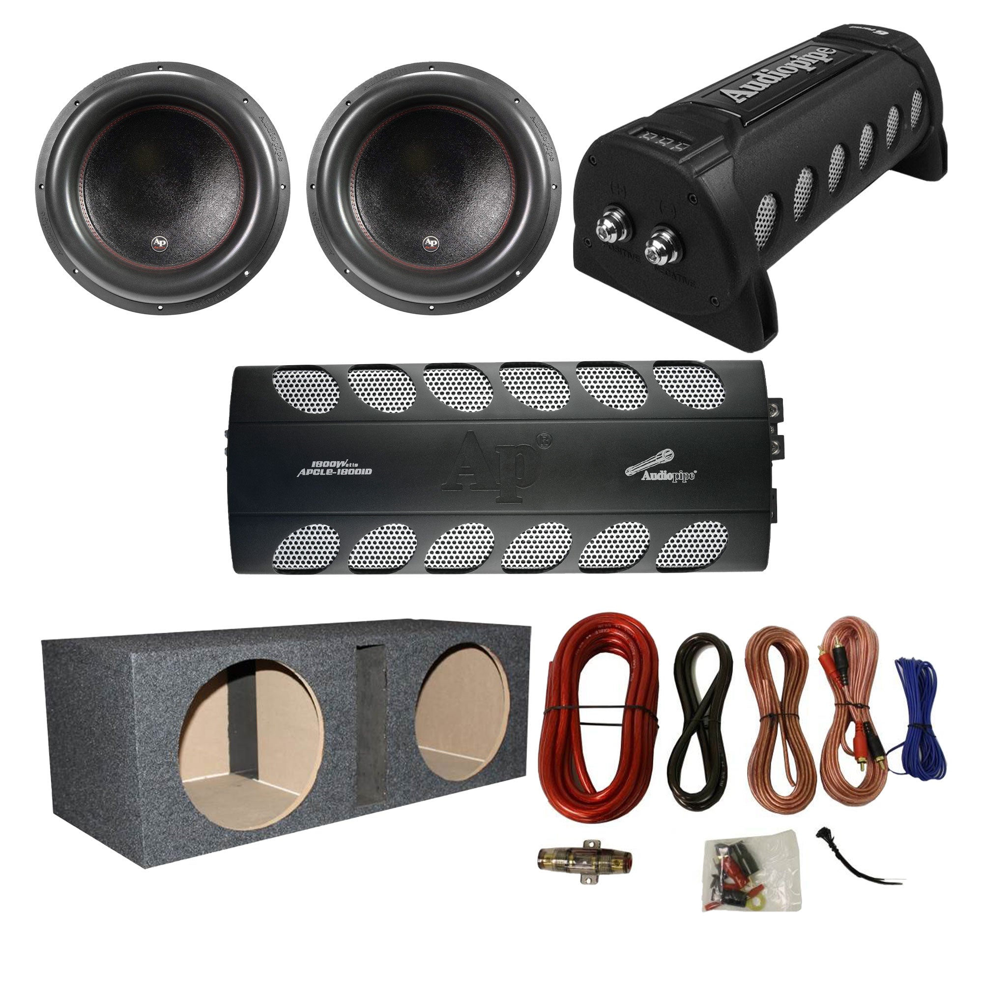 Audiopipe Amp, Capacitor, and 2800W Subwoofer 2 Pk w/ QPower Sub Box & Wire Kit - VMInnovations