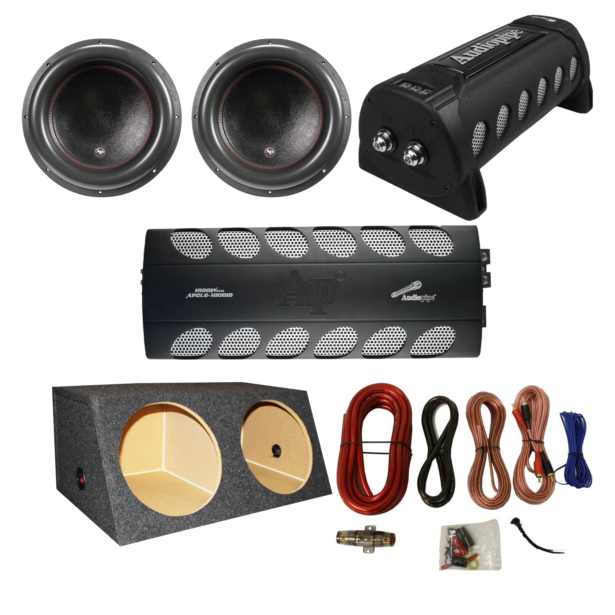Audiopipe Amp, Capacitor, and 2800W Subwoofer w/ QPower 15 In Sub Box & Wire Kit - VMInnovations