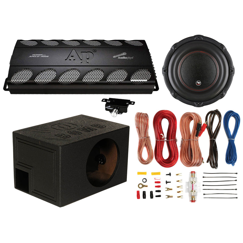 AudioPipe Amplifier, Subwoofer, QPower 12 In Enclosure, & Soundstorm Wiring Kit