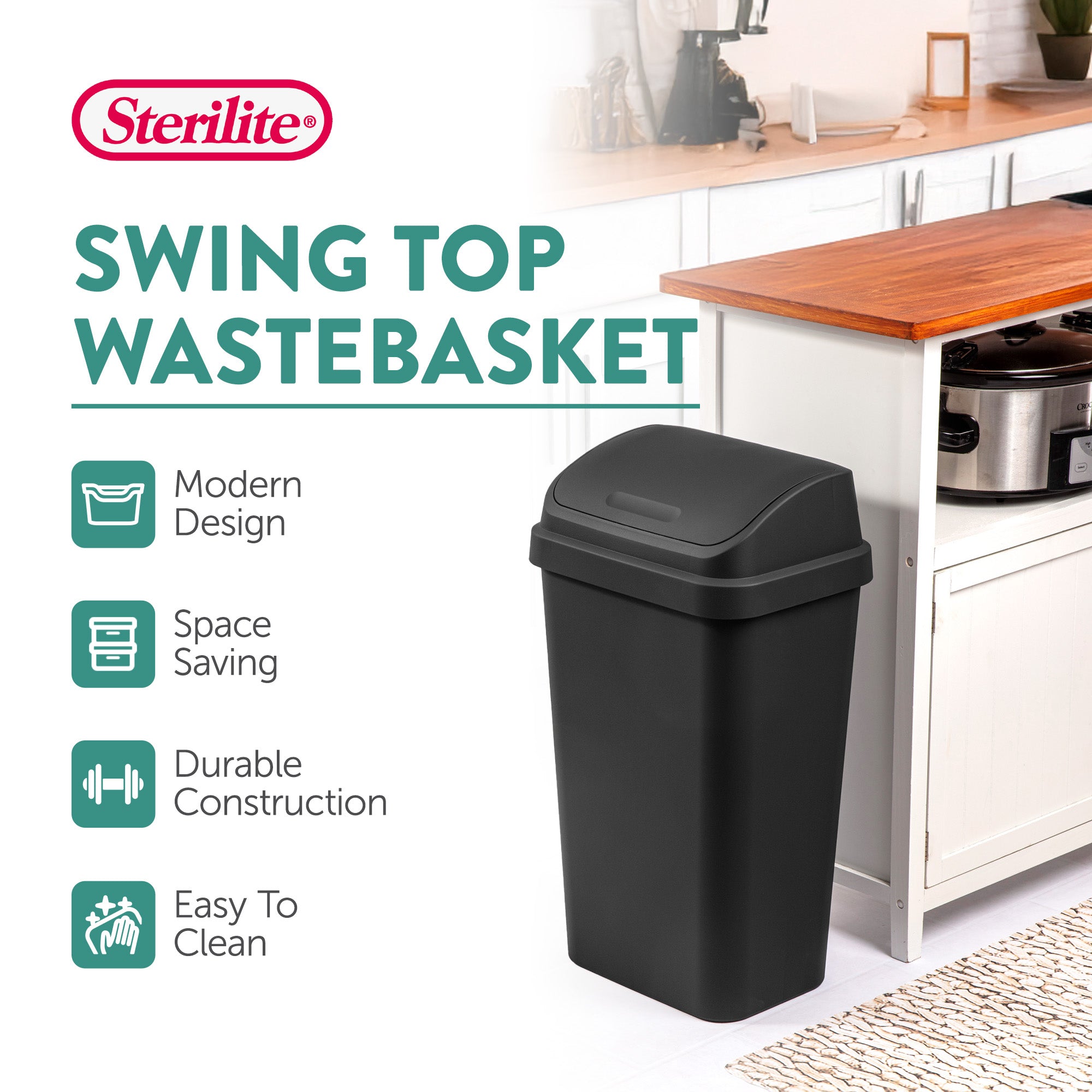 Sterilite 13 Gal Kitchen Swing Top Lidded Wastebasket Trash Can, Black (8 Pack)