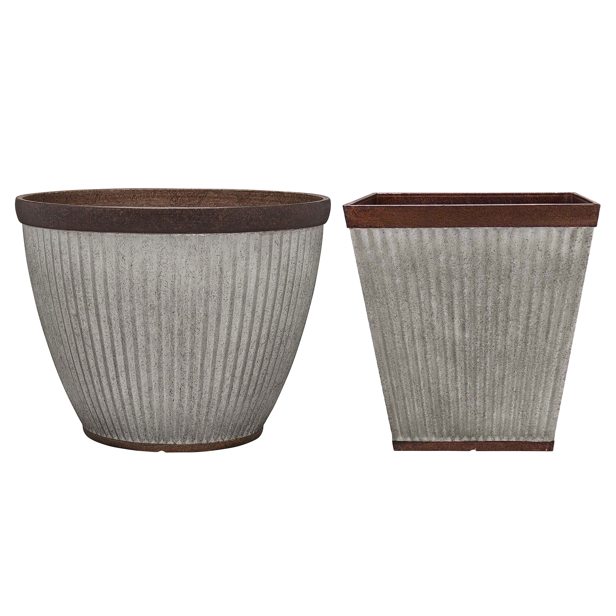 Southern Patio Rustic Resin Outdoor Planter Urn w/ Square Rustic Box Flower Pot - VMInnovations