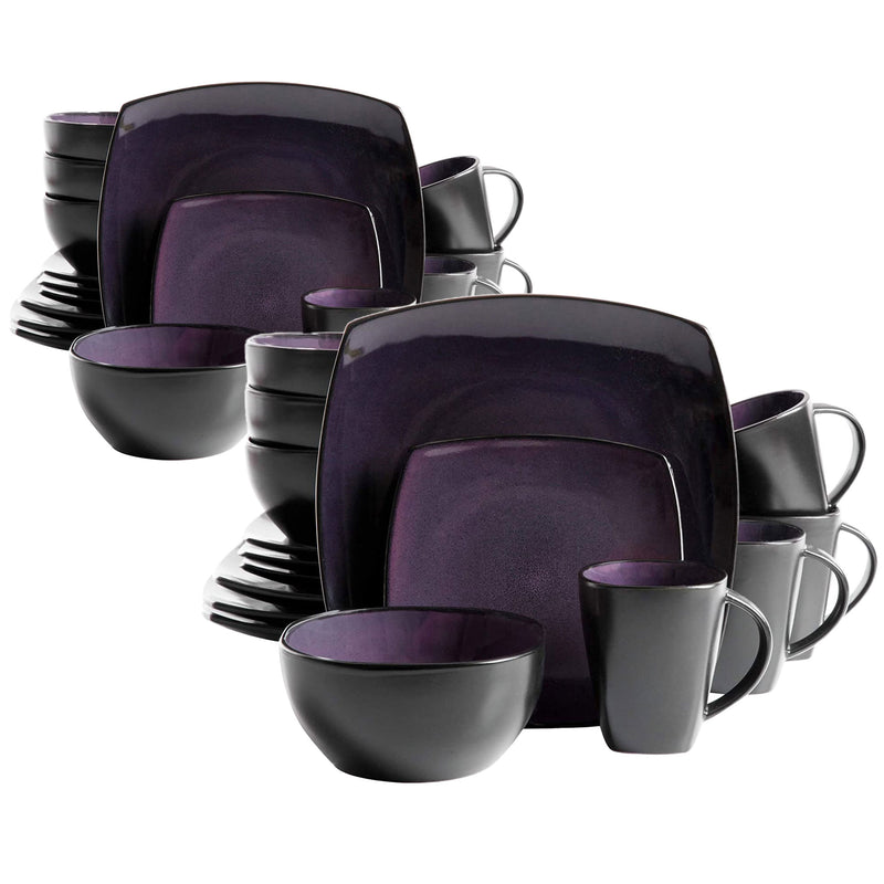 Gibson Elite Soho Lounge 16 Piece Plates, Bowls, and Mugs Set, Purple (2 Pack)