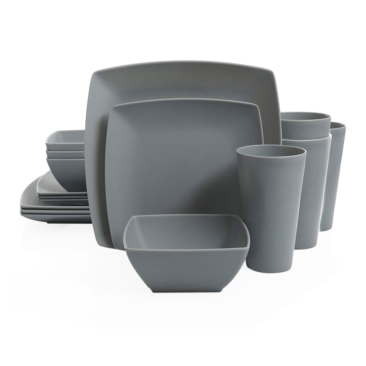 Gibson Home 16 Piece Square Dinnerware Set Plates, Bowls, & Cups, Grey (3 Pack)