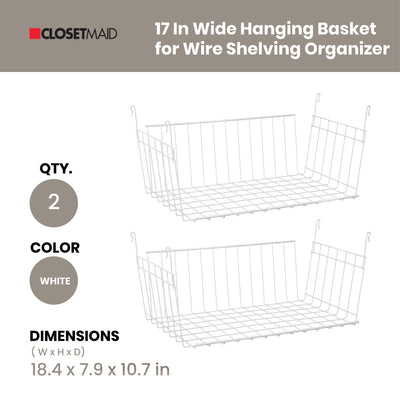 ClosetMaid 17 In Wide Hanging Basket for Wire Shelving Organizer, White (2 Pack)