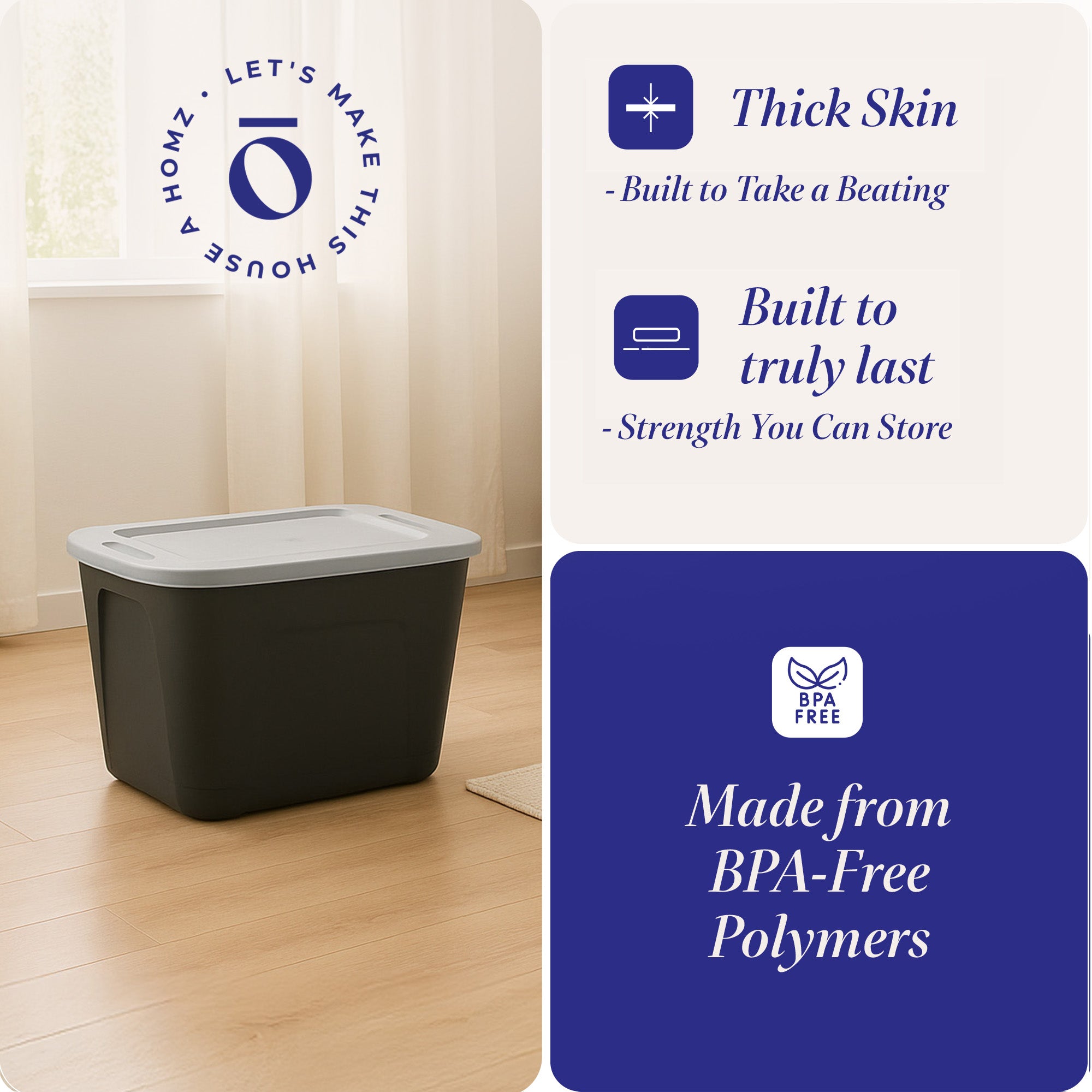Homz 6610BKTS.10 10 Gallon Molded Plastic Storage Bin with Secure Lid (2 Pack) - VMInnovations