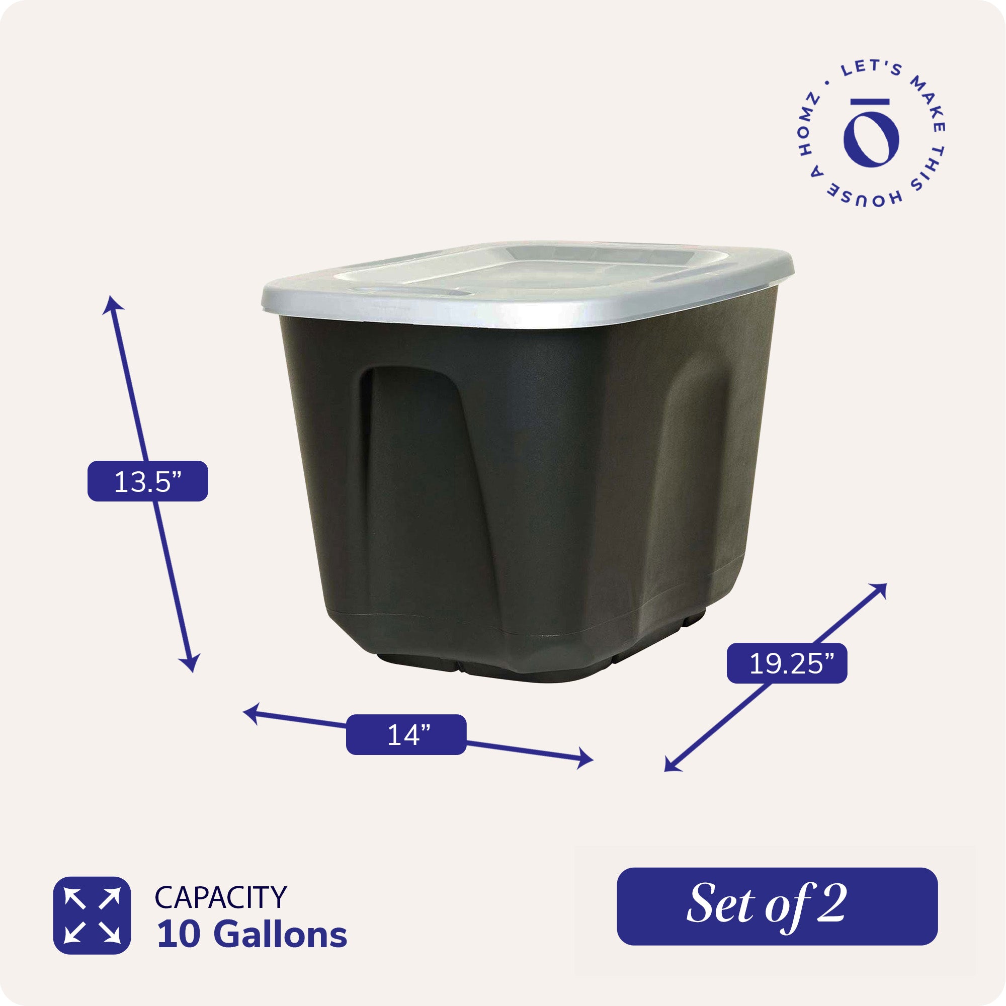 Homz 6610BKTS.10 10 Gallon Molded Plastic Storage Bin with Secure Lid (2 Pack) - VMInnovations