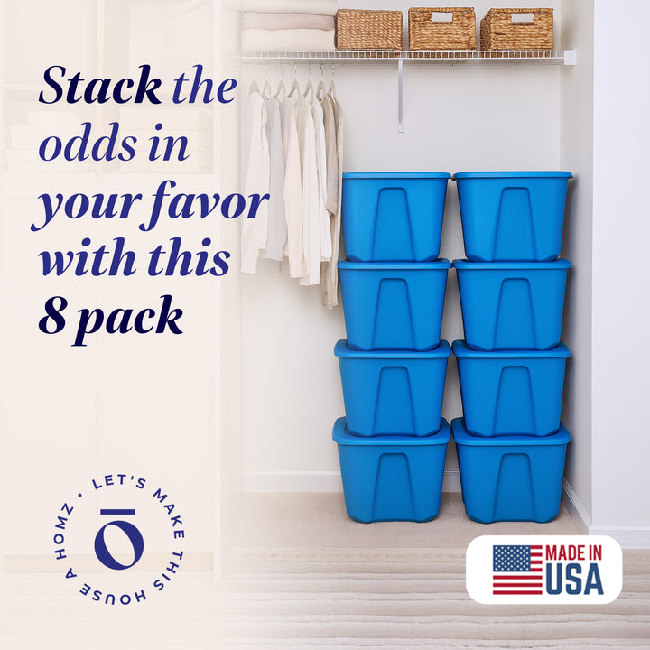 Homz 18 Gallon Standard Plastic Storage Container with Secure Lid, Blue, 8 Pack - VMInnovations
