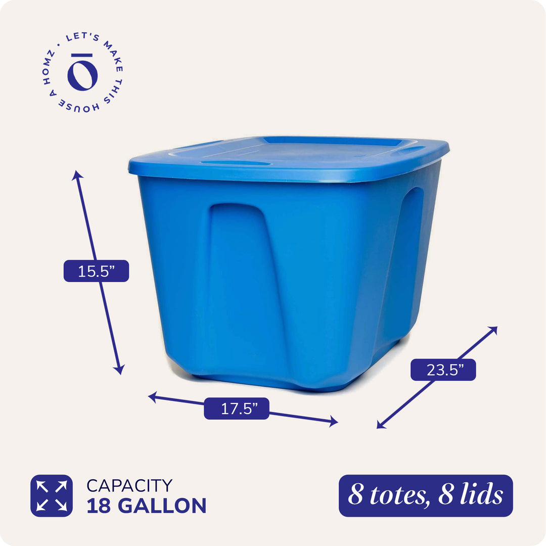 Homz 18 Gallon Standard Plastic Storage Container with Secure Lid, Blue, 8 Pack - VMInnovations
