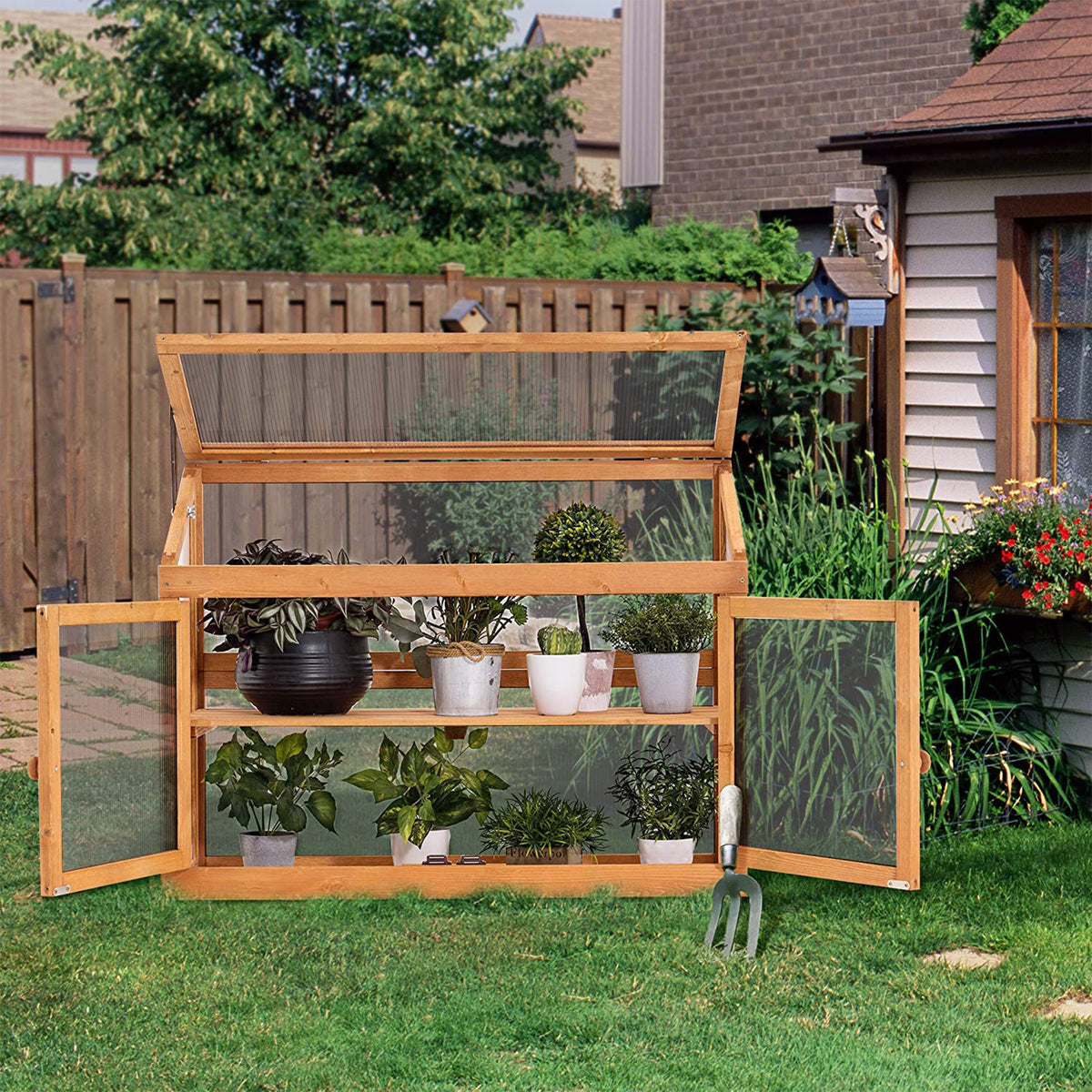 MCombo 2-Tier Outdoor/Indoor Wooden Cold Frame Greenhouse with Shelf and Roof - VMInnovations