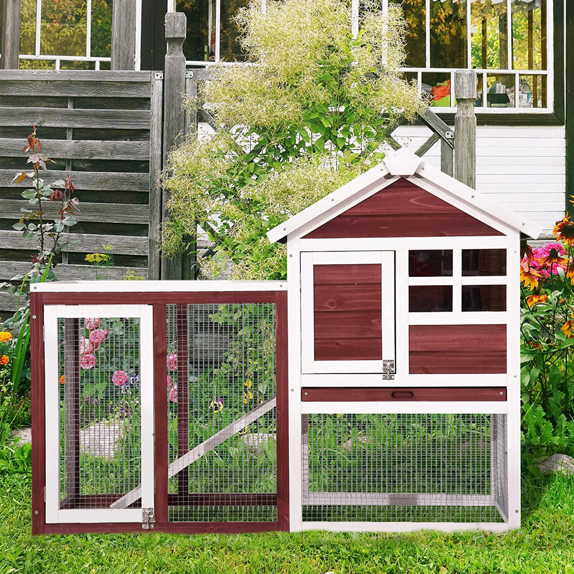 Lovupet Outdoor/Indoor Wood Chicken Coop, Rabbit Hutch w/ Pull Out Tray, Auburn
