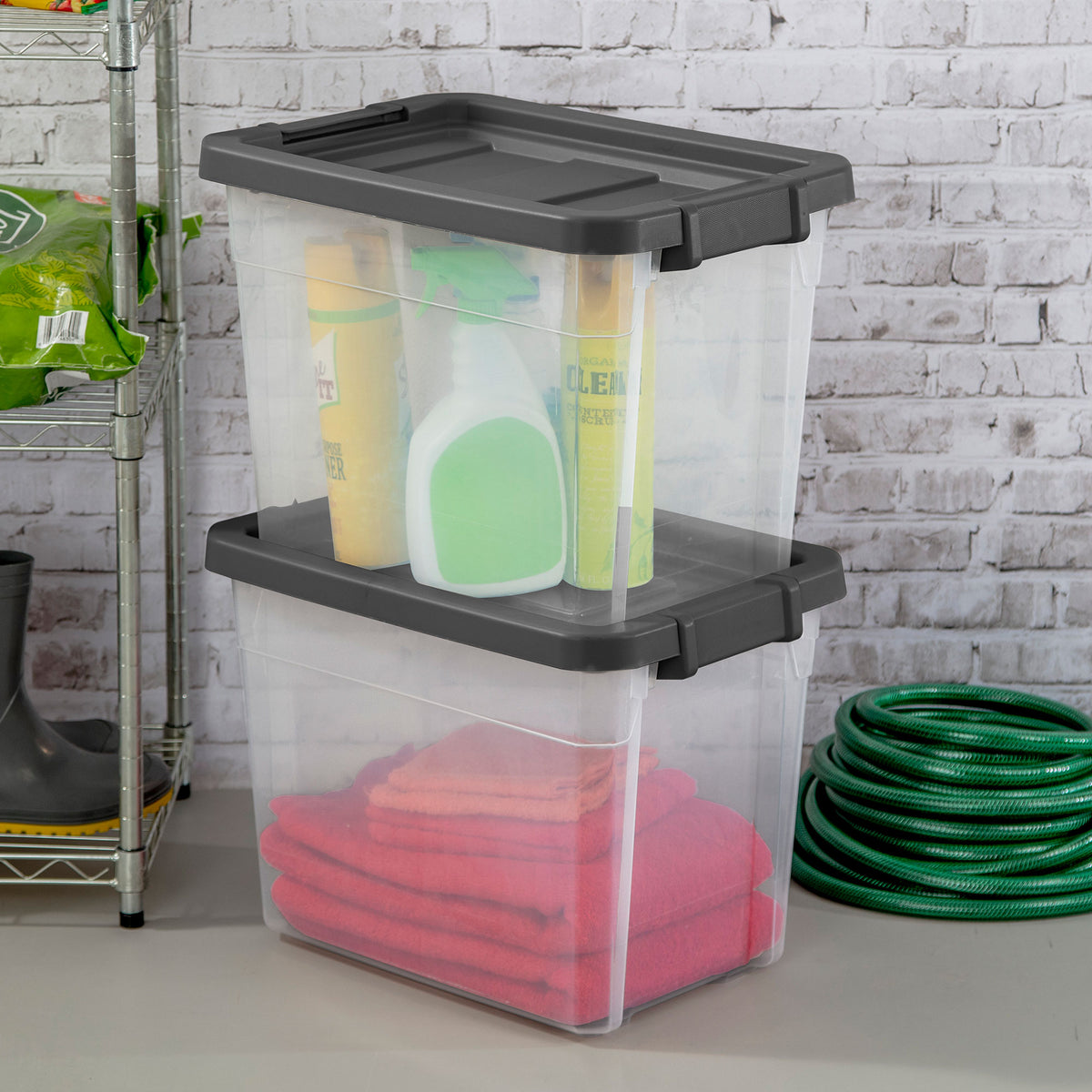 Sterilite 30 Qt Clear Plastic Stackable Storage Container Bin w/ Grey Latch Lid