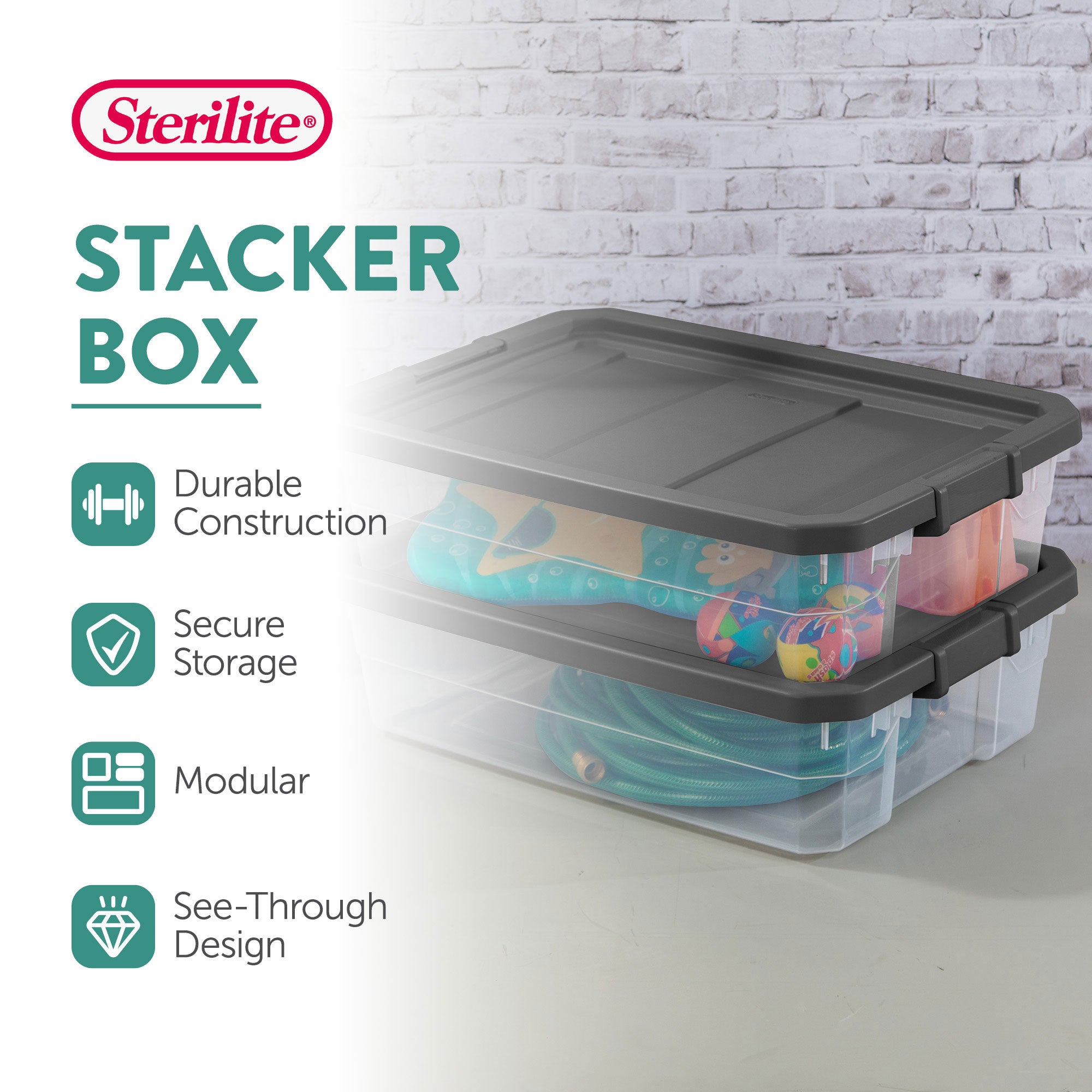 Sterilite 40 Quart Plastic Storage Bin Tote & Latch Lid, 6 Pack, Gray