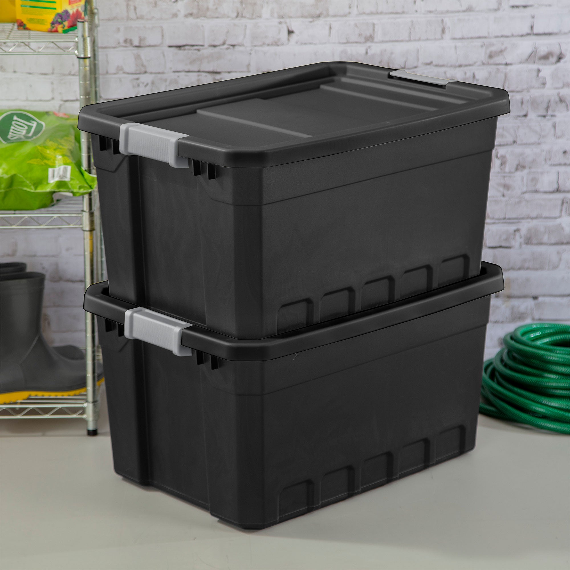 Sterilite 19-Gal Rugged Industrial Stacker Storage Tote w/ Gray Clip Lid, Black