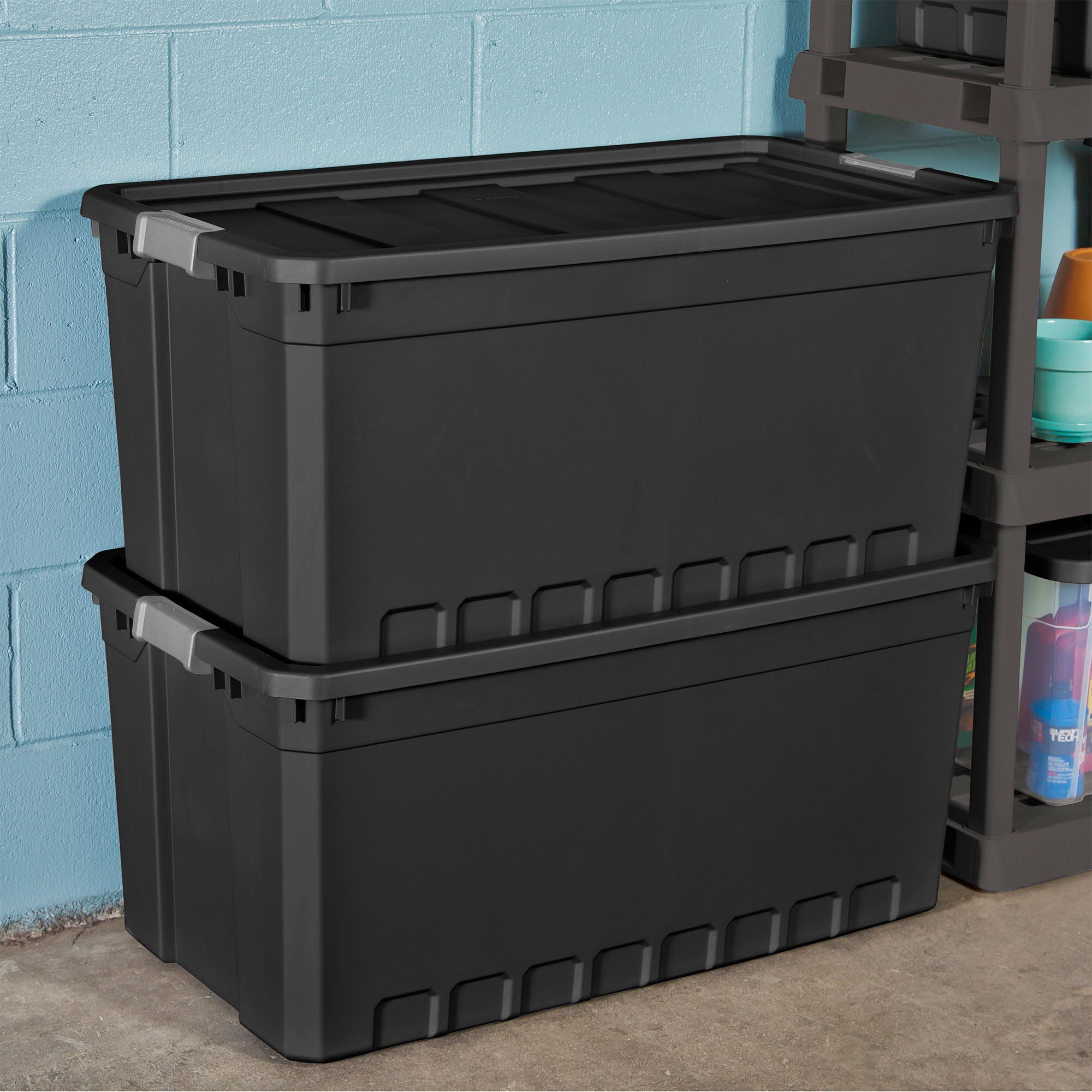 Sterilite 50-Gallon Rugged Industrial Stacker Storage Tote with Gray Clip Lid