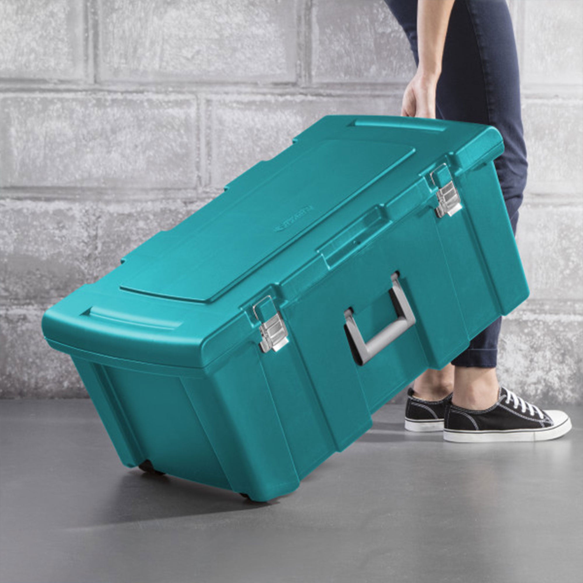 Sterilite Wheeled Footlocker, Plastic Utility Lockable Storage Container, Teal - VMInnovations
