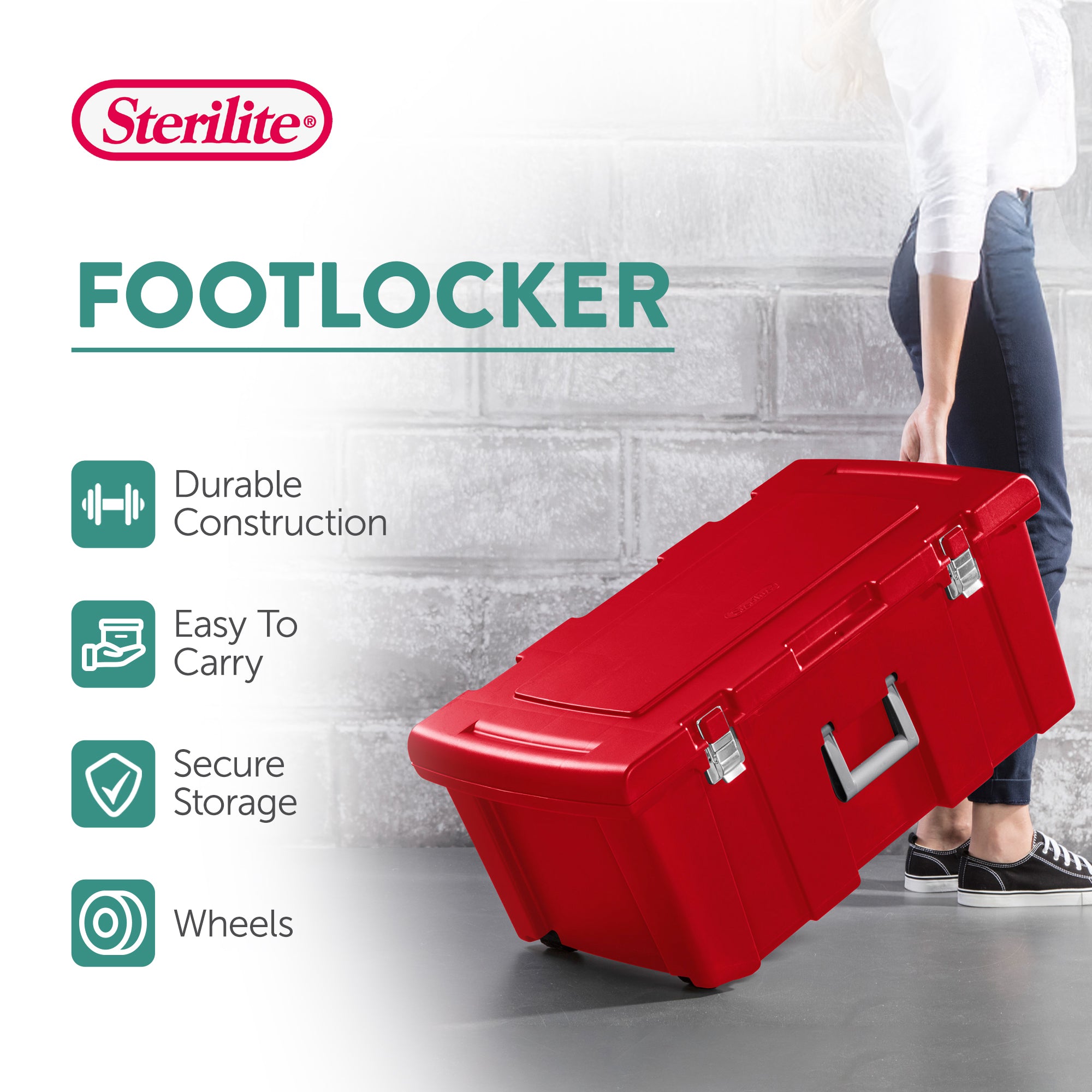 Sterilite Wheeled Footlocker, Plastic Utility Lockable Storage Container, Red - VMInnovations