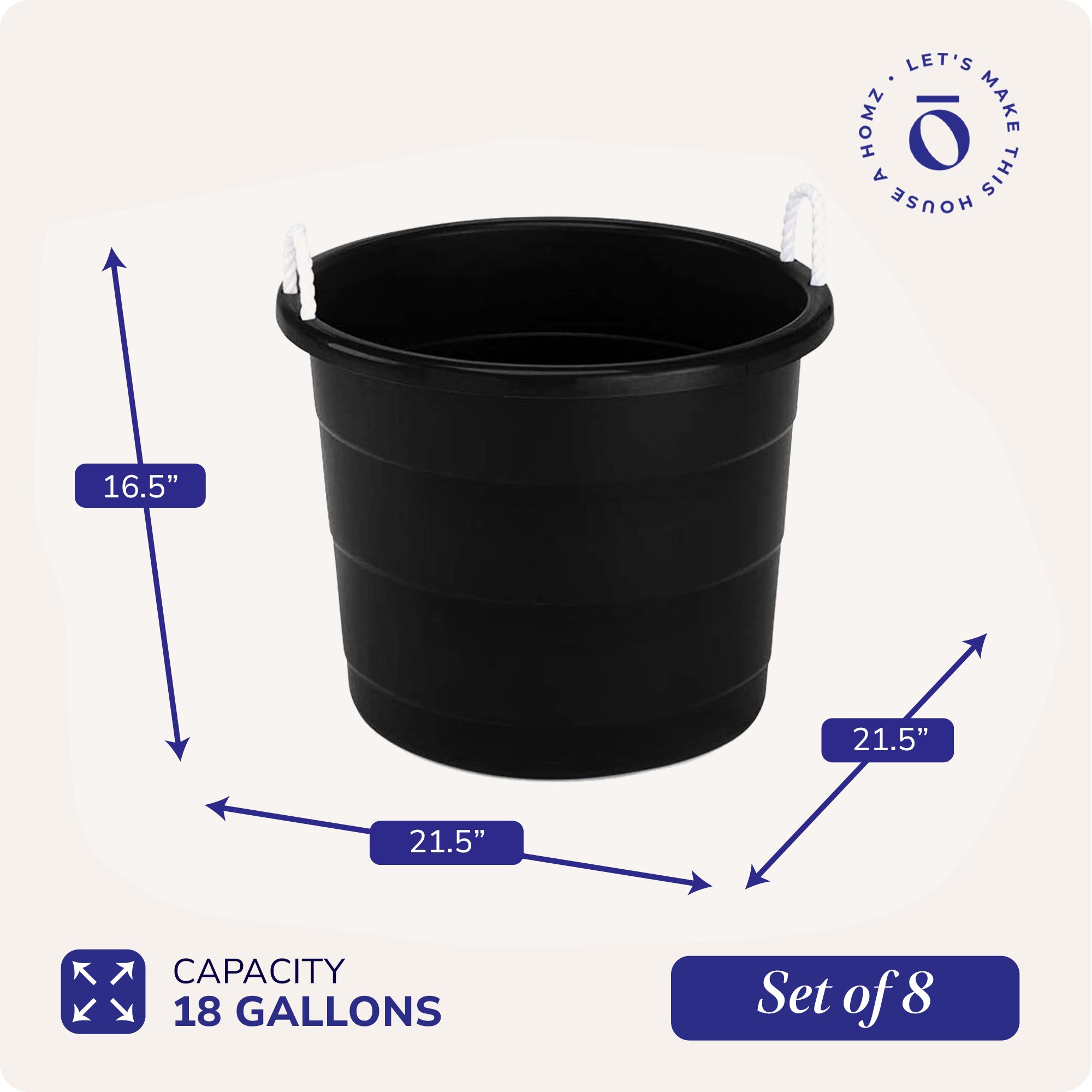 Homz 18 Gallon Plastic Utility Storage Bucket Tub w/ Rope Handles, Black, 8 Pack - VMInnovations