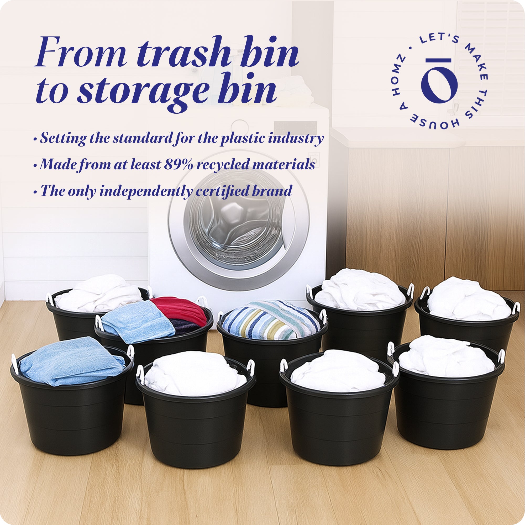 Homz 18 Gallon Plastic Utility Storage Bucket Tub w/ Rope Handles, Black, 8 Pack - VMInnovations