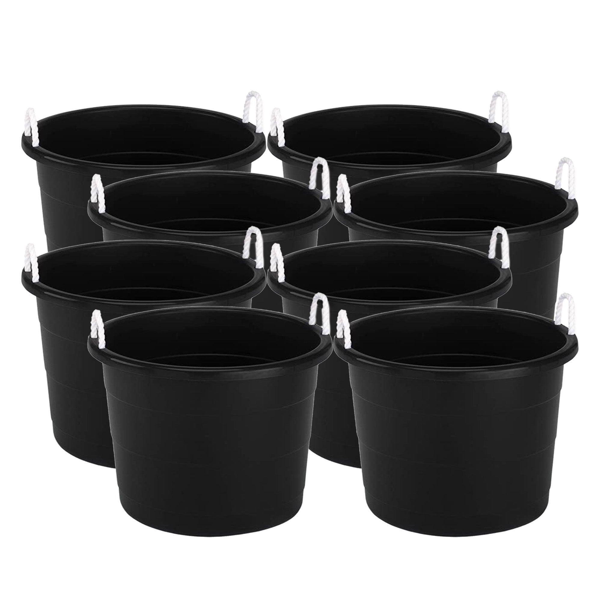 Homz 18 Gallon Plastic Utility Storage Bucket Tub w/ Rope Handles, Black, 8 Pack - VMInnovations