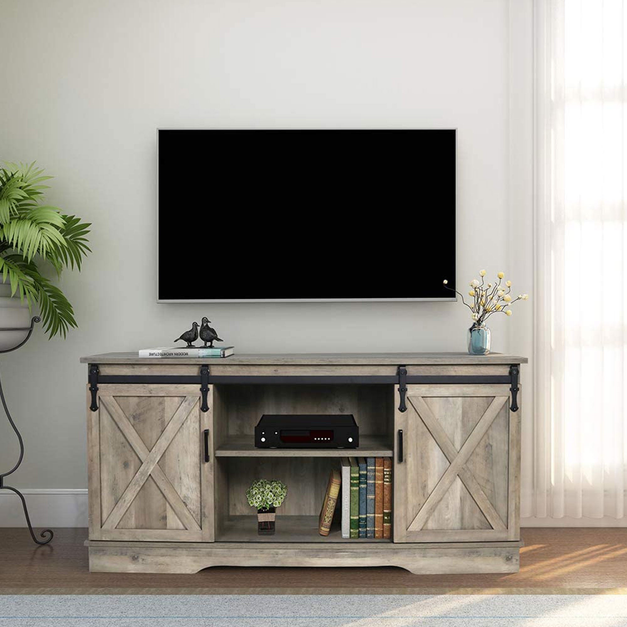 58-In Sliding Barn Door Wooden Farmhouse TV Stand, Natural Tan (For Parts) - VMInnovations