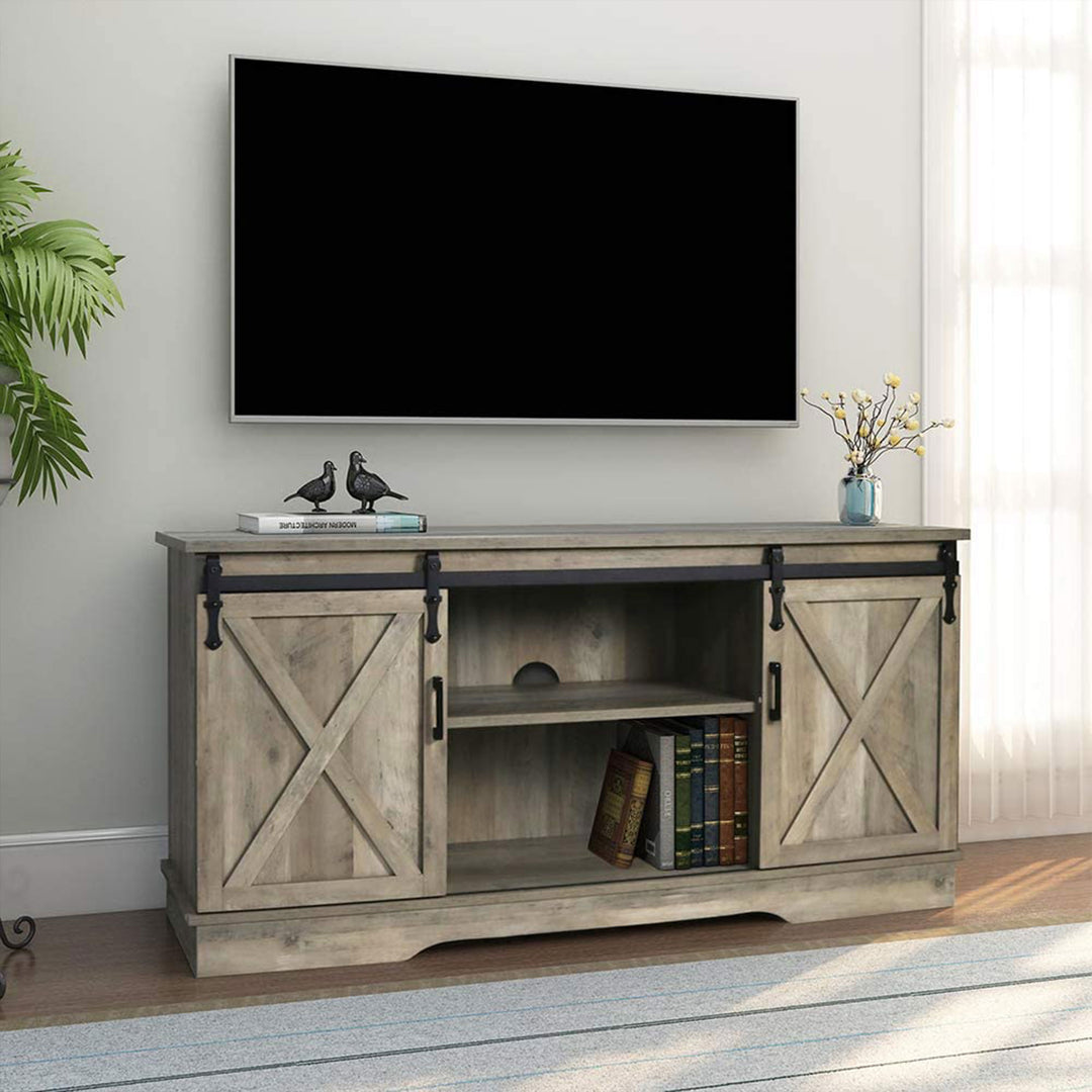 GHQME 58-Inch Sliding Barn Door Wooden Farmhouse Universal TV Stand, Natural Tan - VMInnovations