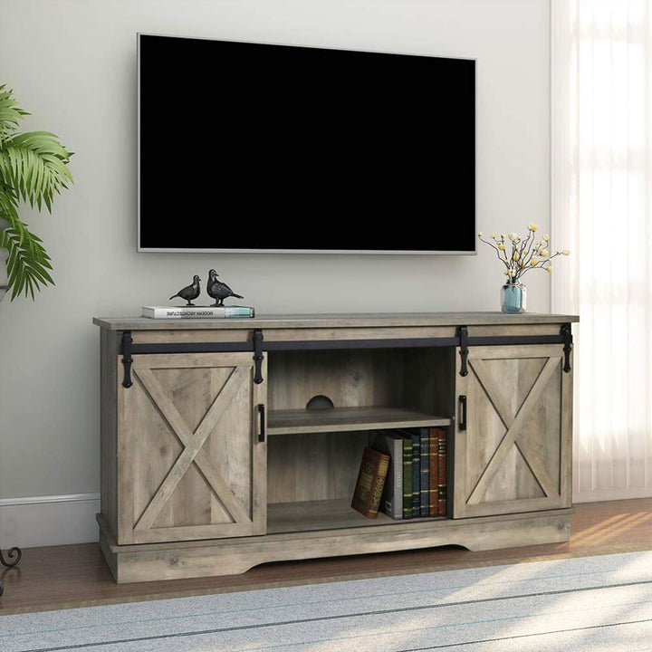 GHQME 58-Inch Sliding Barn Door Wooden Farmhouse Universal TV Stand, Natural Tan - VMInnovations