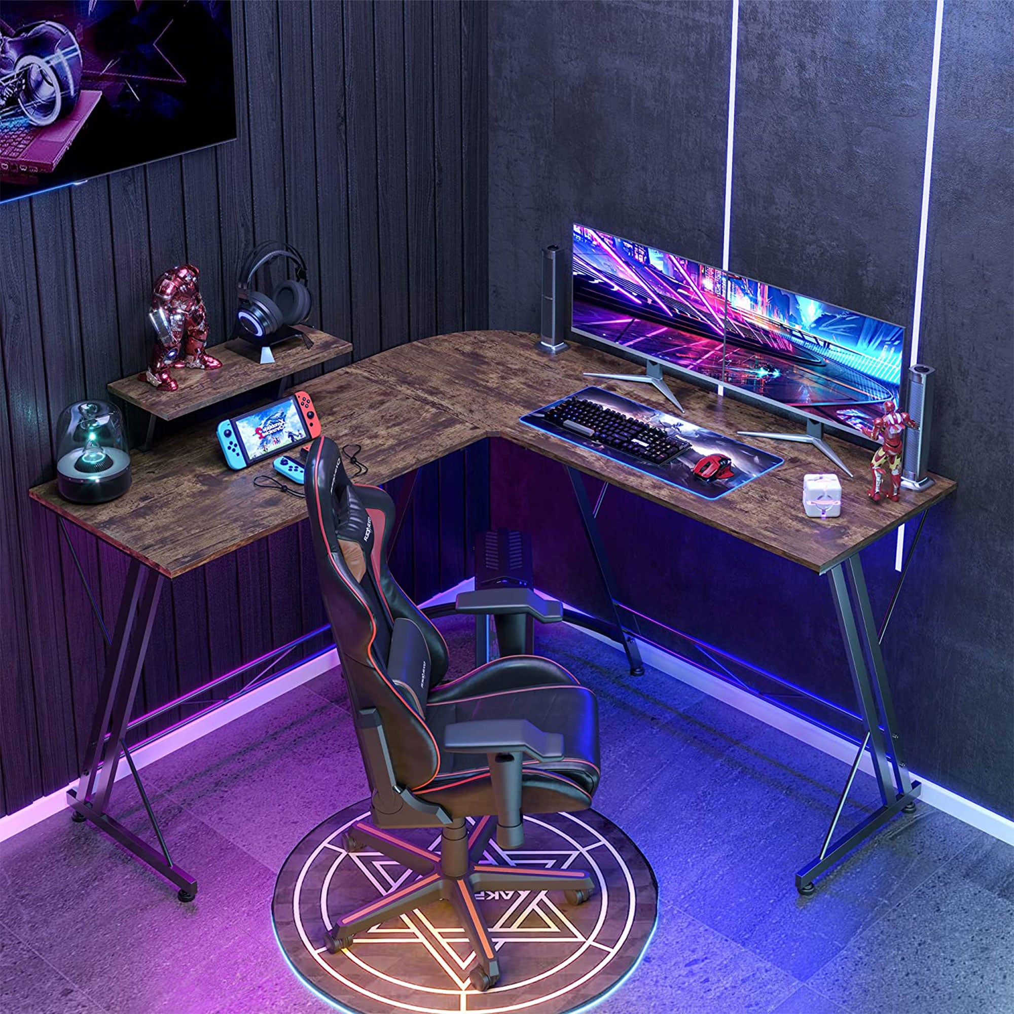 Somdot L Shaped Corner Gaming and Computer Desk with Monitor Stand, Brown Wood