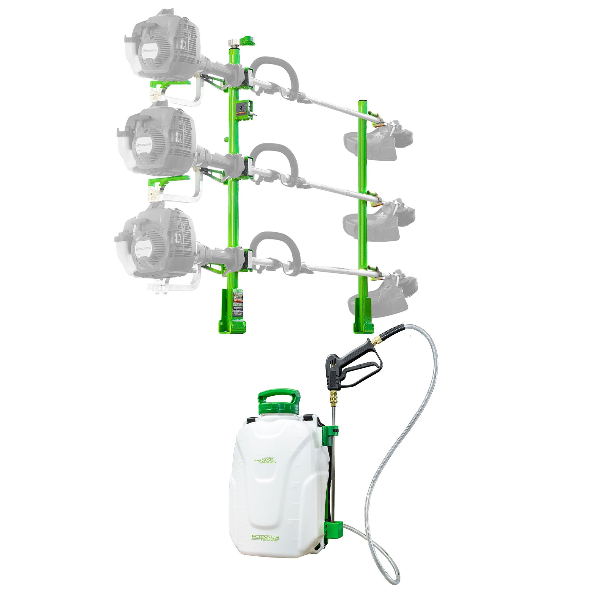 Green Touch Industries 3 Position Trimmer Rack & Strom Electric Backpack Sprayer