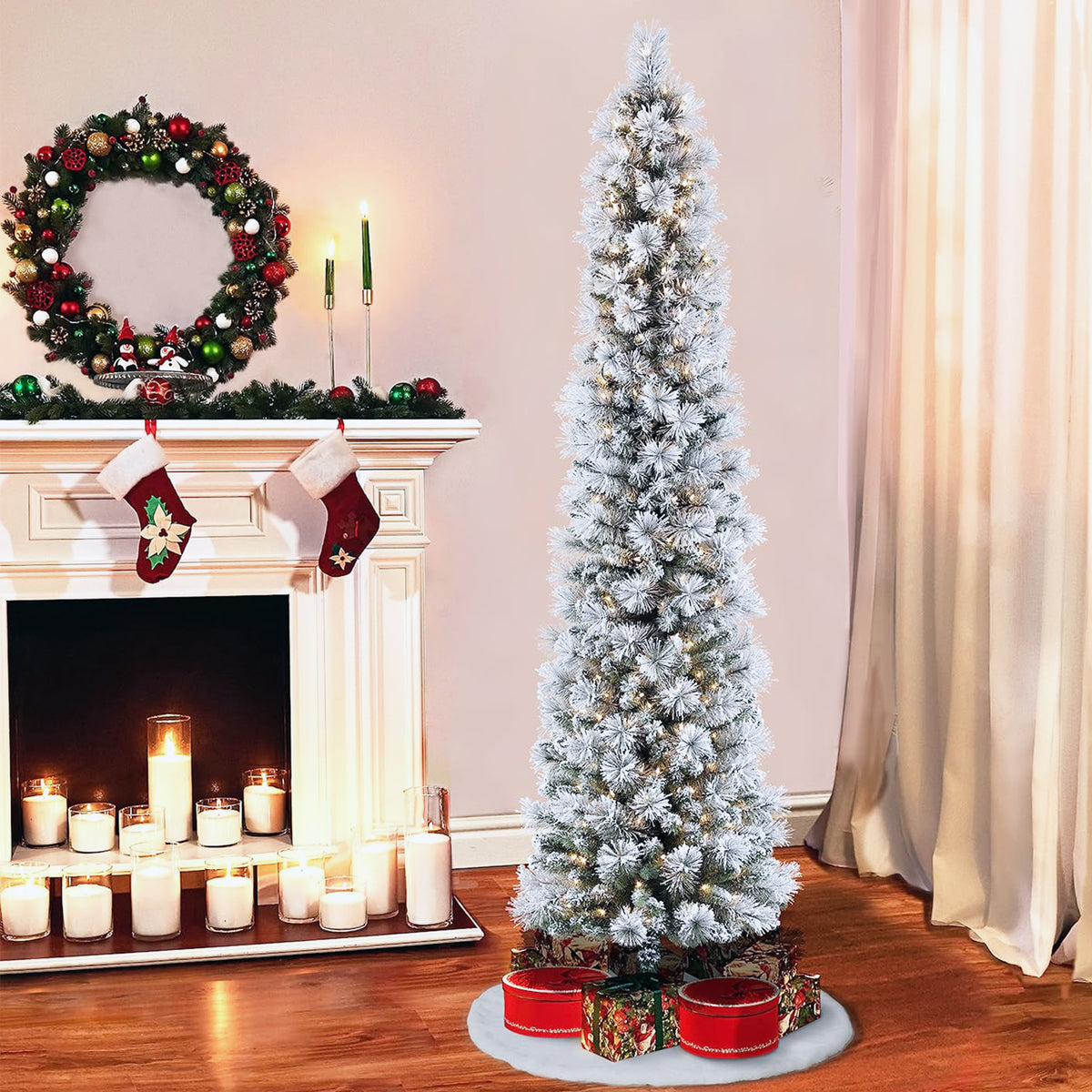 Puleo International Snowy 9 Foot Prelit Artificial Flocked Pencil Christmas Tree