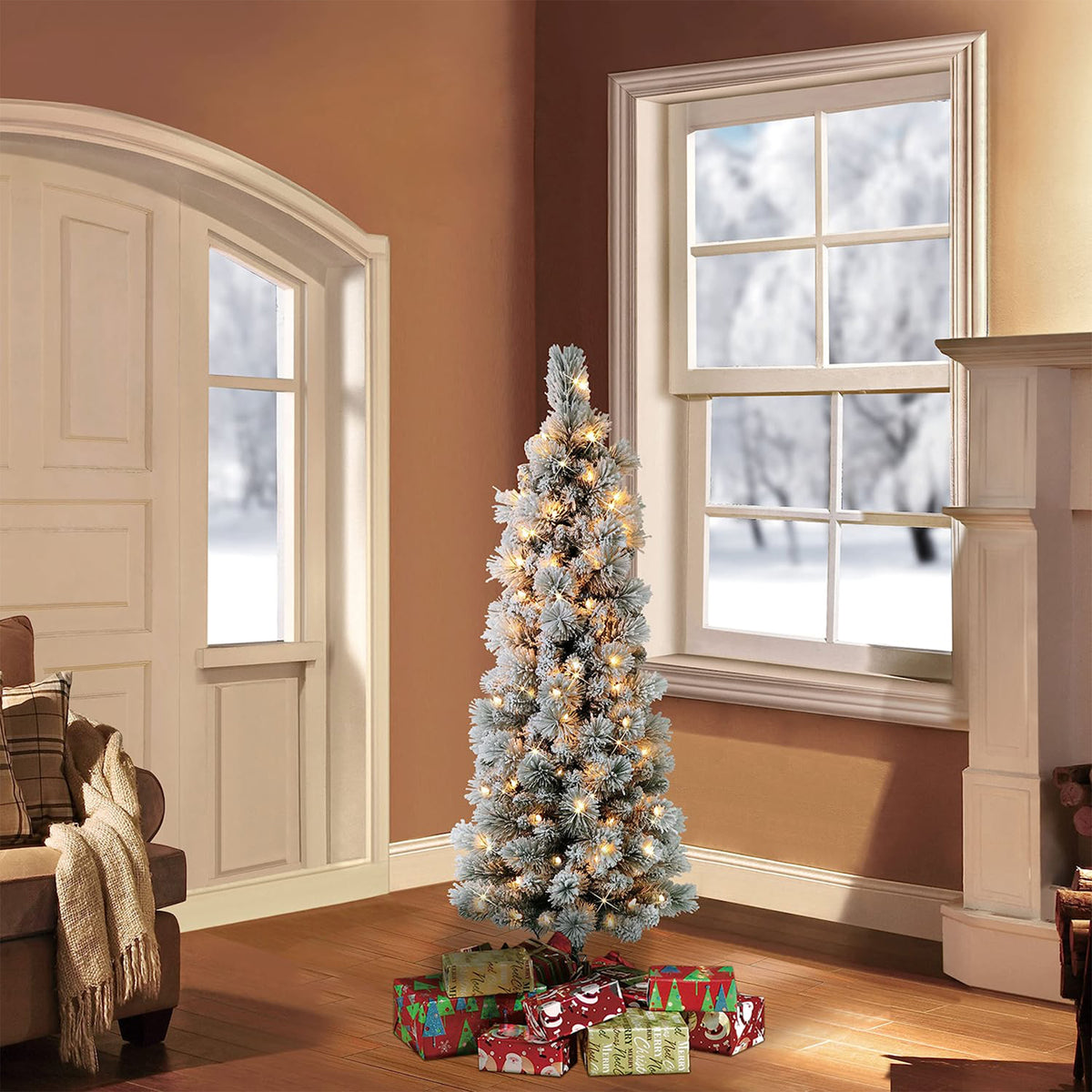 Puleo International Snowy 9 Foot Prelit Artificial Flocked Pencil Christmas Tree