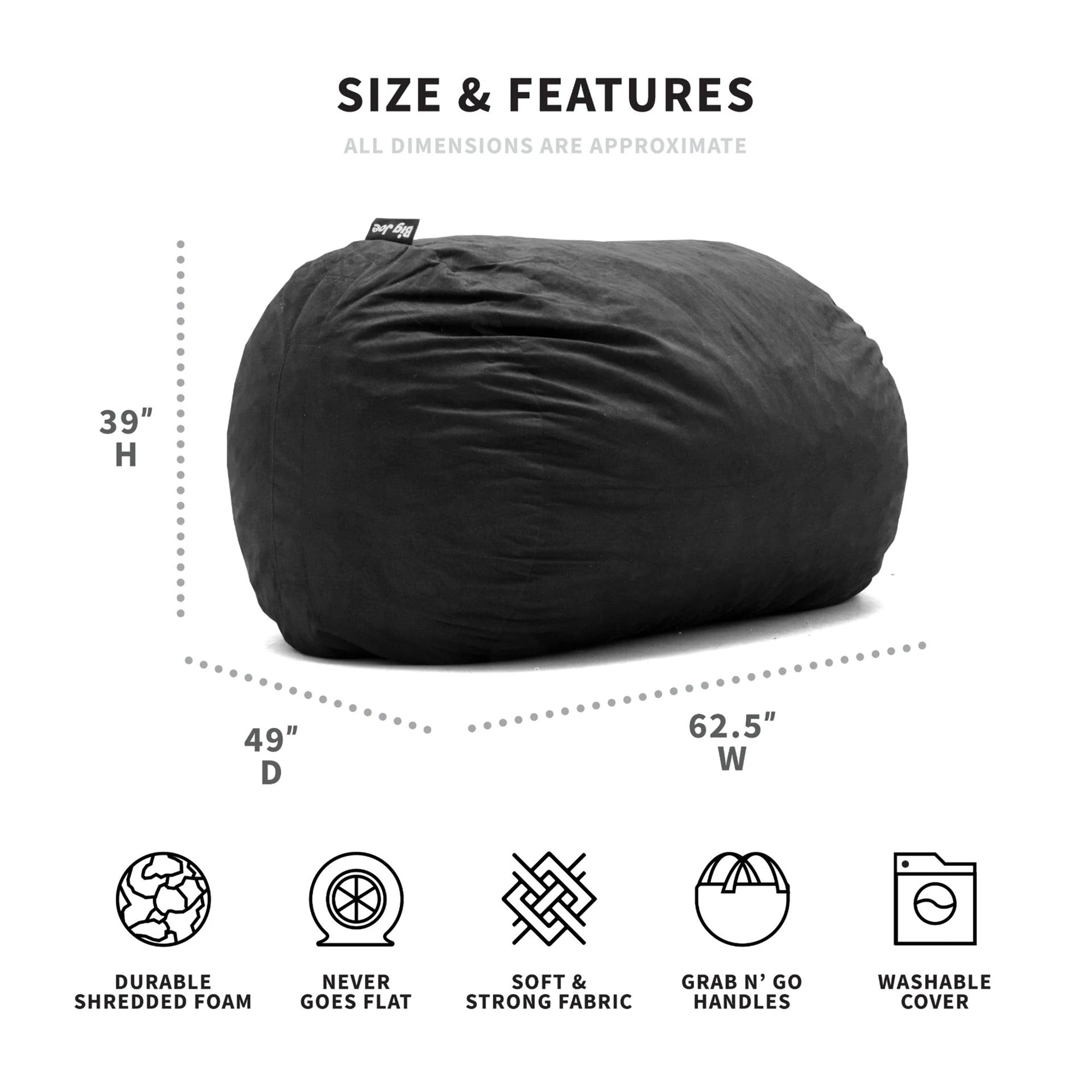 Big Joe Fuf XL Shredded Foam Beanbag Chair with Removable Cover, Black (Used)