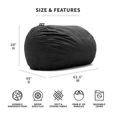 Big Joe Fuf XL Shredded Foam Beanbag Chair with Removable Cover, Black Lenox