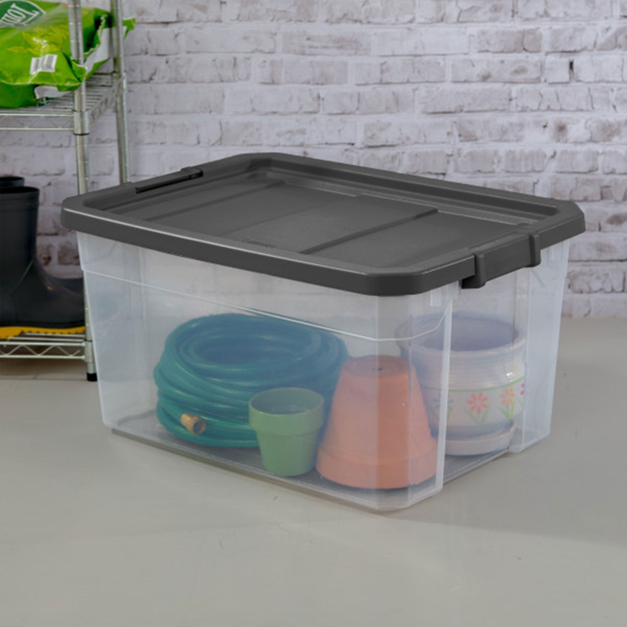 Sterilite 76 Qt Clear Plastic Stacker Storage Bin w/Latching Lid, Grey (12 Pack)
