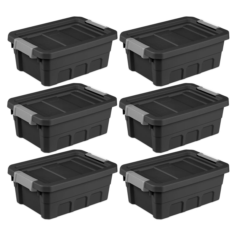 Sterilite 4 Gallon Industrial Storage Totes with Latch Clip Lids, Black (6 Pack)