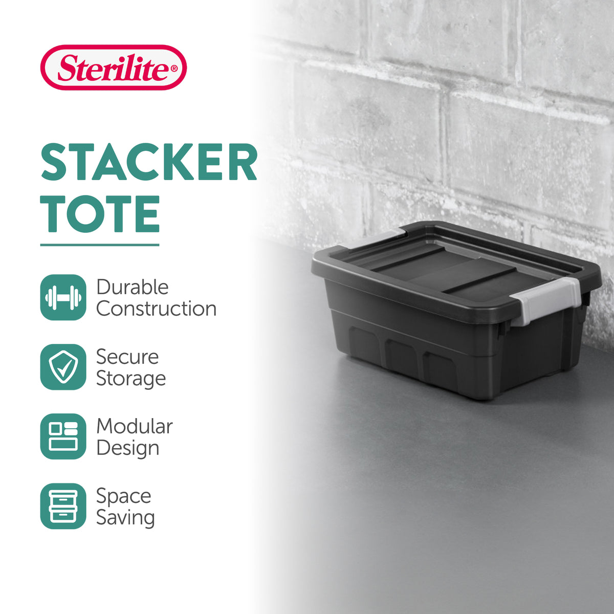 Sterilite 4 Gallon Industrial Storage Totes w/ Latch Clip Lids, Black (12 Pack)