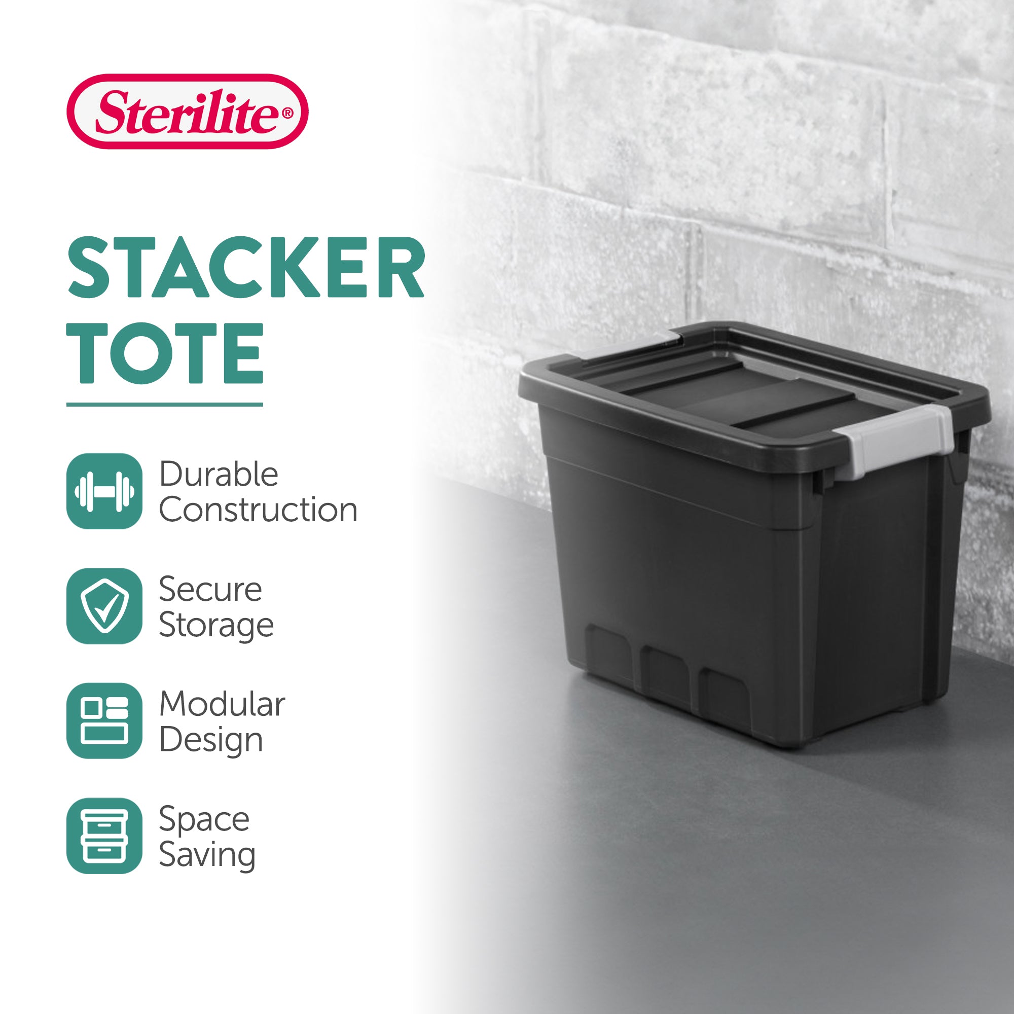 Sterilite 7.5 Gal Rugged Industrial Storage Totes w/ Latch Lids, Black (12 Pack) - VMInnovations
