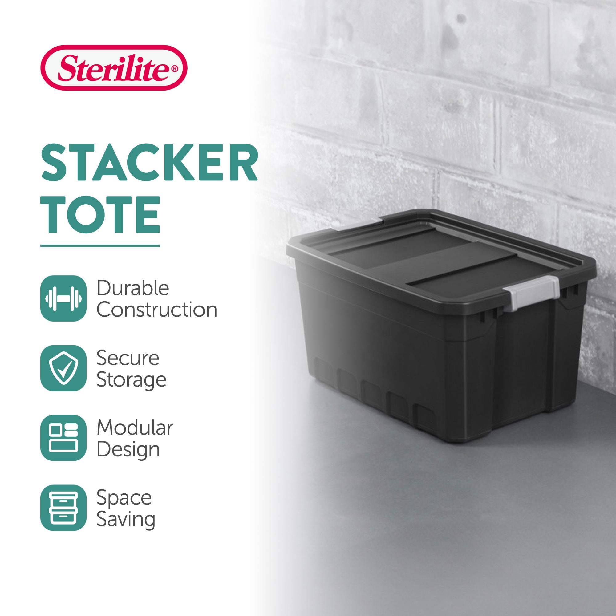 Sterilite 19 Gal Rugged Industrial Stackable Storage Tote w/ Lid, Black, 6 Pack