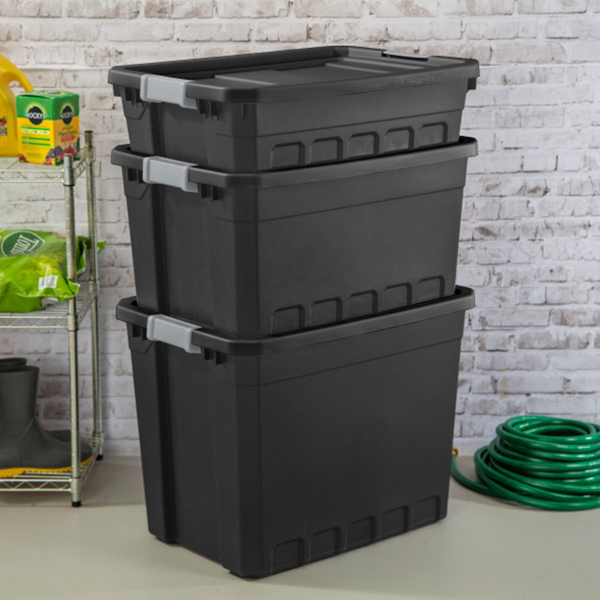 Sterilite 19 Gal Rugged Industrial Stackable Storage Tote w/ Lid, Black, 24 Pack - VMInnovations