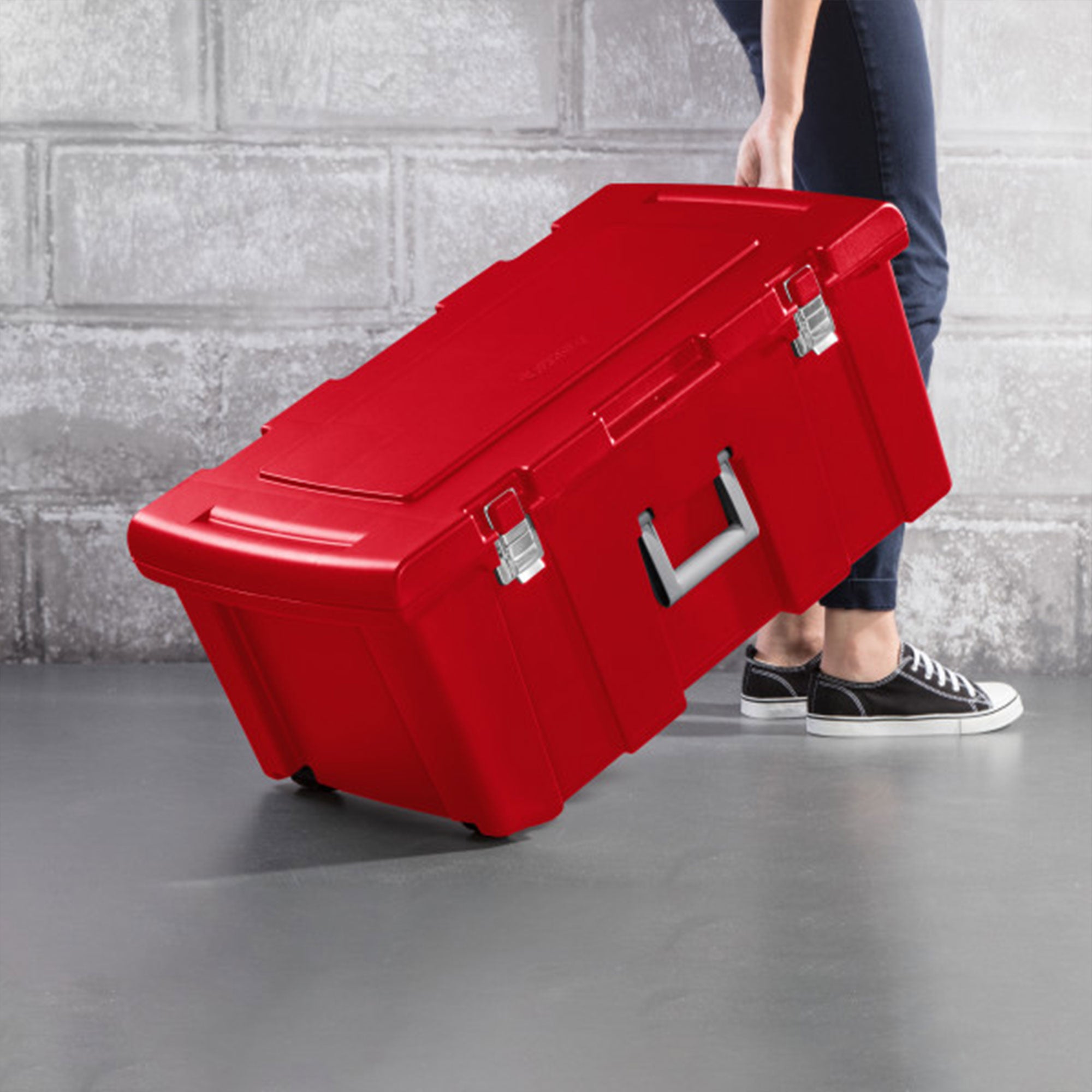 Sterilite Wheeled Footlocker, Plastic Utility Lockable Storage Container, Red - VMInnovations