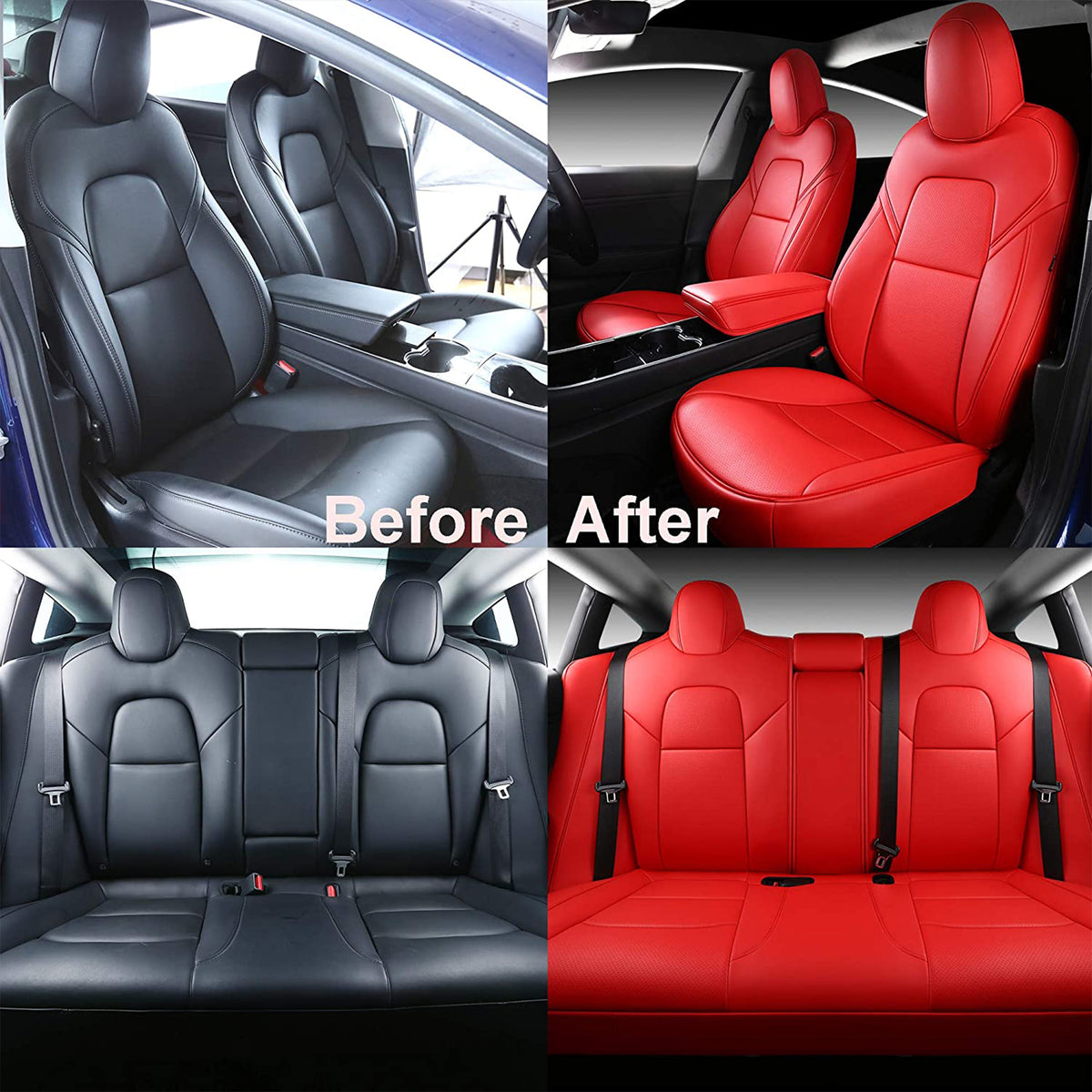 Inch Empire Tesla Model 3 Synthetic Leather Seat Cover & Cushion Protector, Red