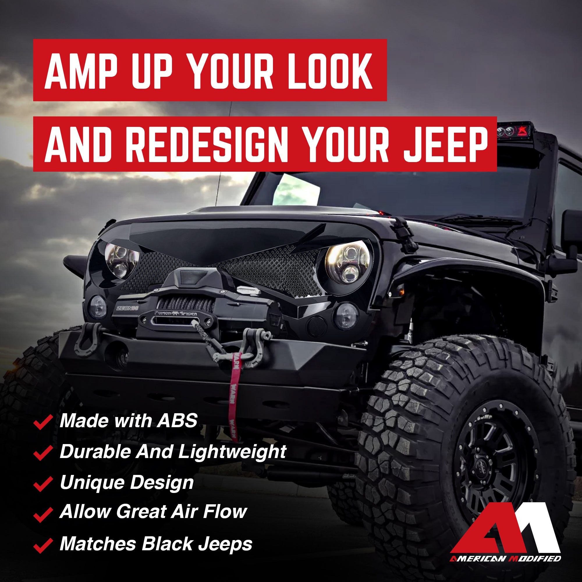 American Modified Front Hawke Grille for 07-18 Jeep Wrangler, Glossy Black(Used) - VMInnovations
