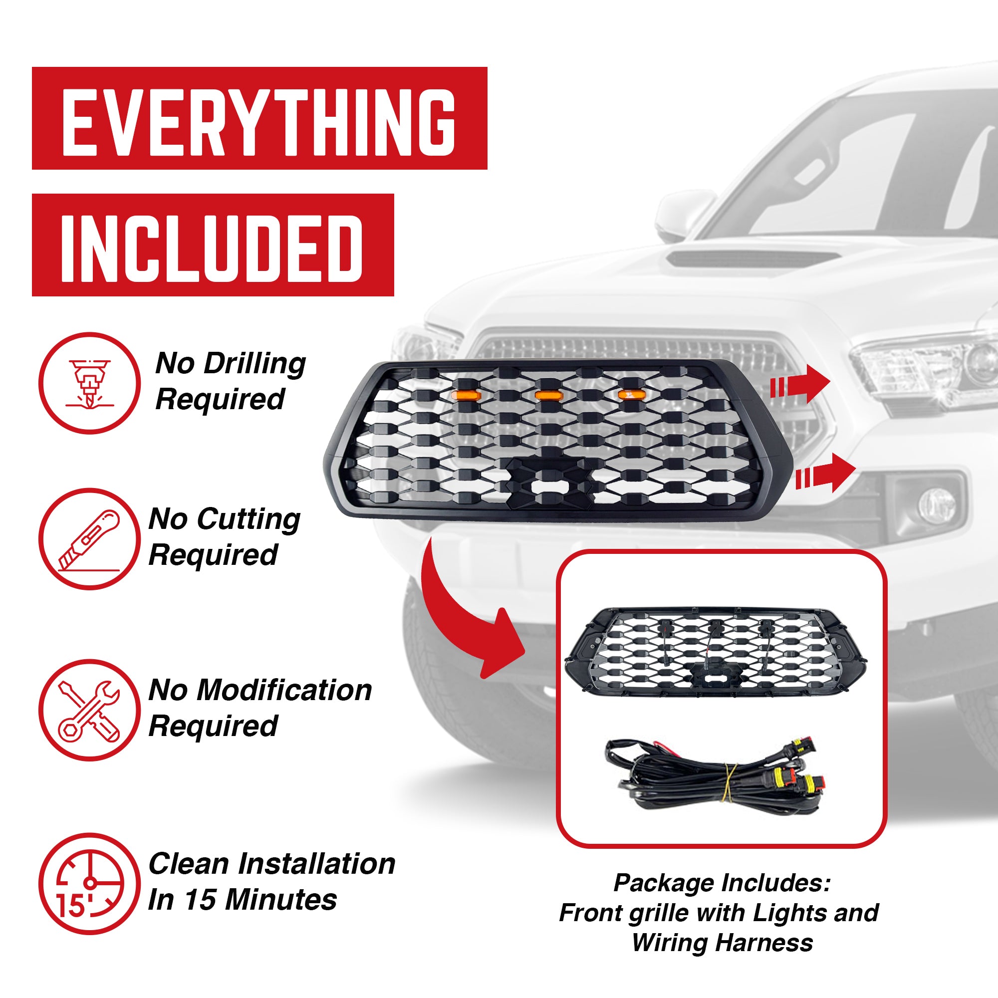 American Modified Grille w/ Amber Lights for 2016-2021 Tacoma, Black (Open Box) - VMInnovations