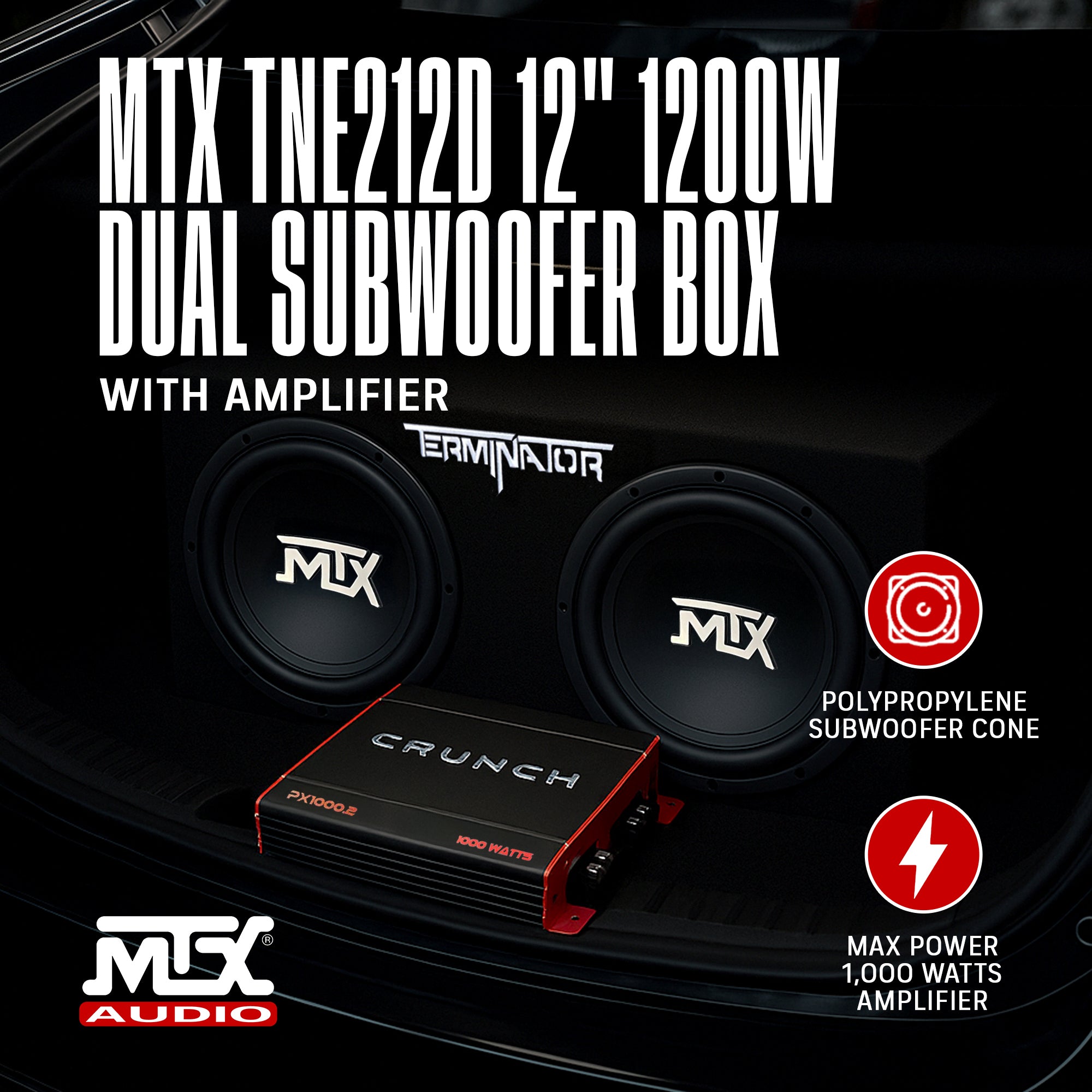 Crunch 2 Channel Car Audio Amplifier & MTX 12 In Dual Loaded Subwoofer Enclosure - VMInnovations