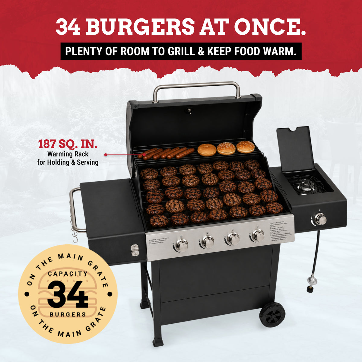 Grill Boss 4-Burner Gas Grill with Side Burner, Cover, Shelves, & Bottle Opener