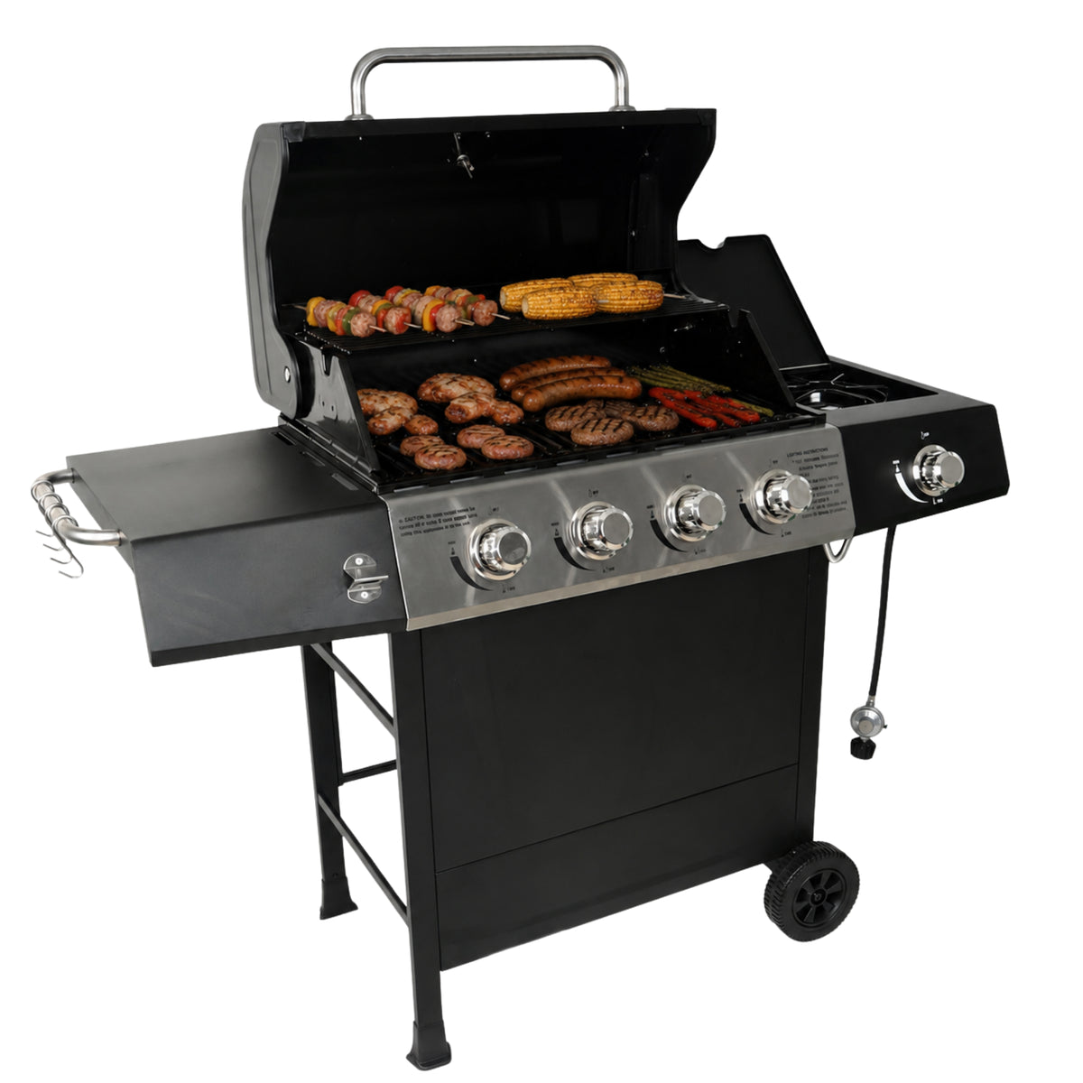 Grill Boss 4-Burner Gas Grill with Side Burner, Cover, Shelves, & Bottle Opener
