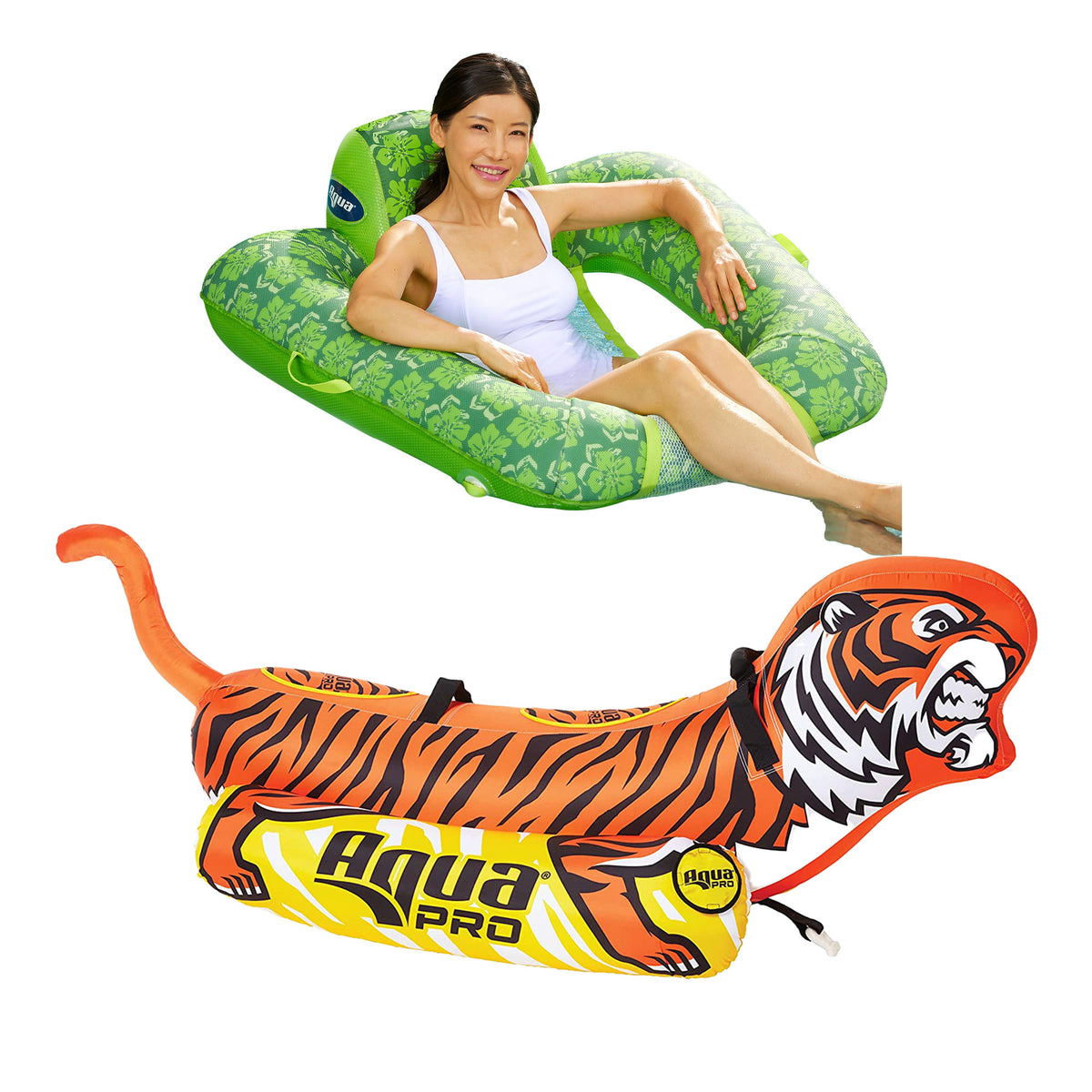 Aqua Leisure Zero Gravity Pool Float, Green & AquaPro 2 Seat Tow Rider, Orange - VMInnovations