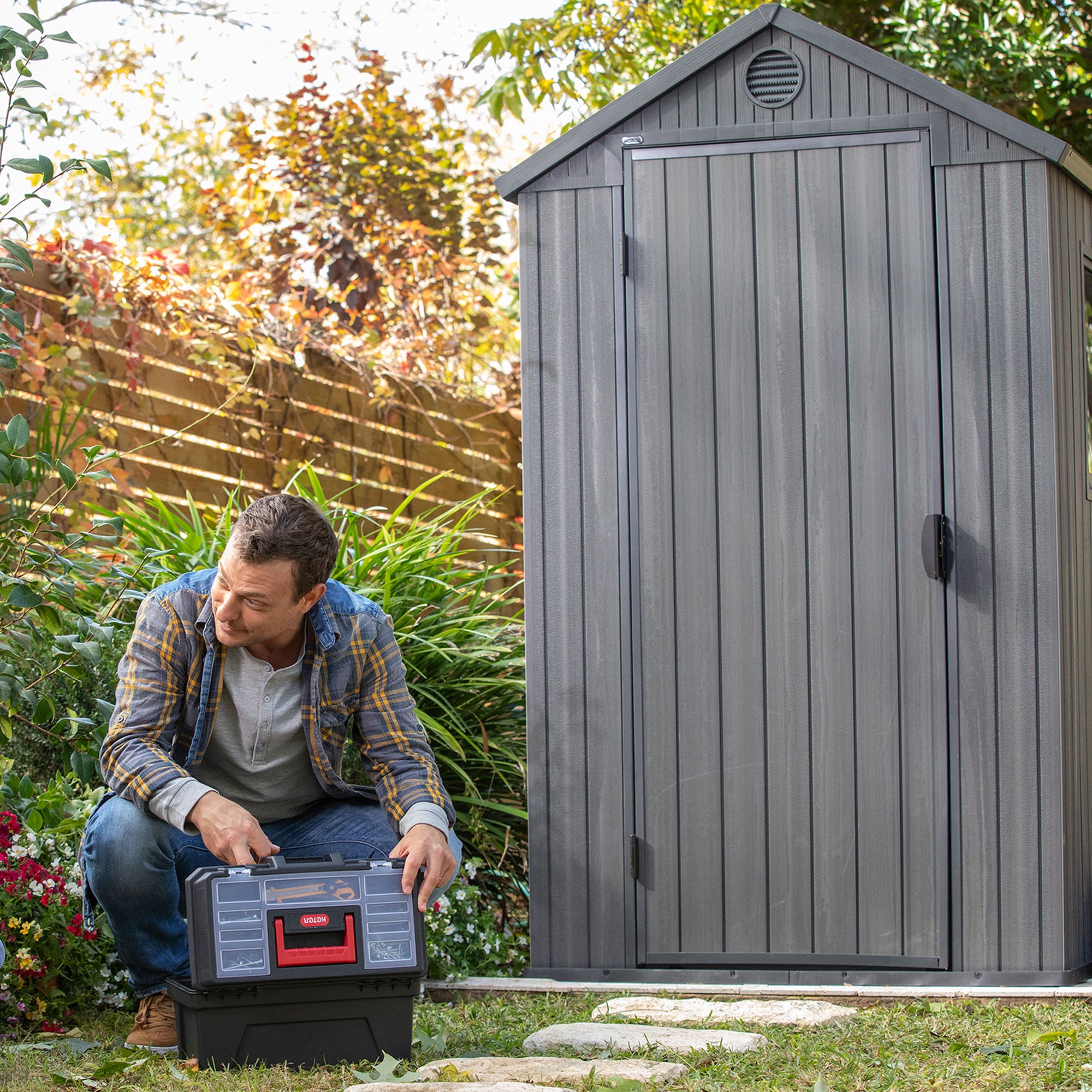 Keter Darwin 4 Foot x 6 Foot Outdoor Garden Tool Storage Shed w/Window, Graphite - VMInnovations