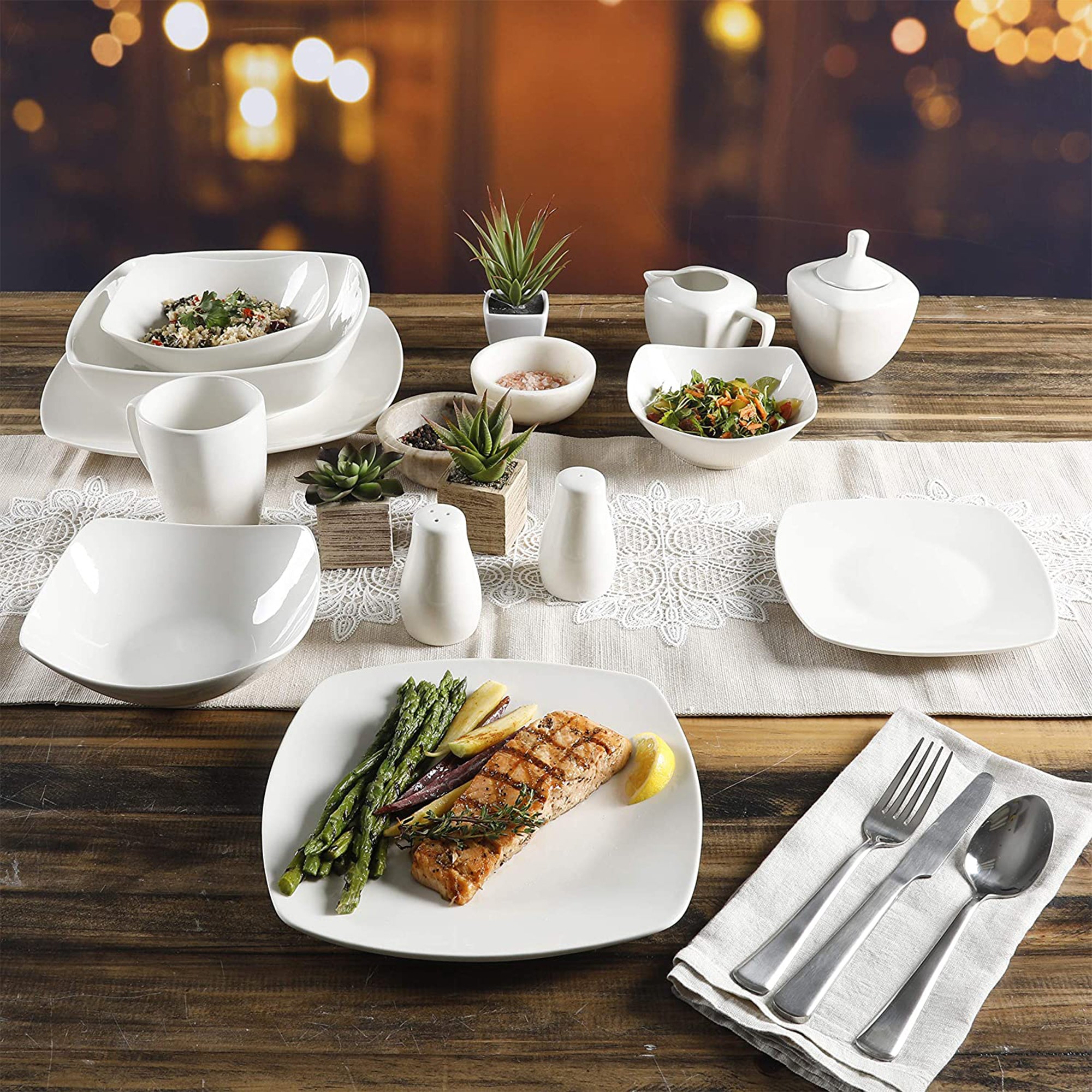 Gibson Home Zen Buffet Porcelain Square Dinnerware Set, Service for 6, White - VMInnovations