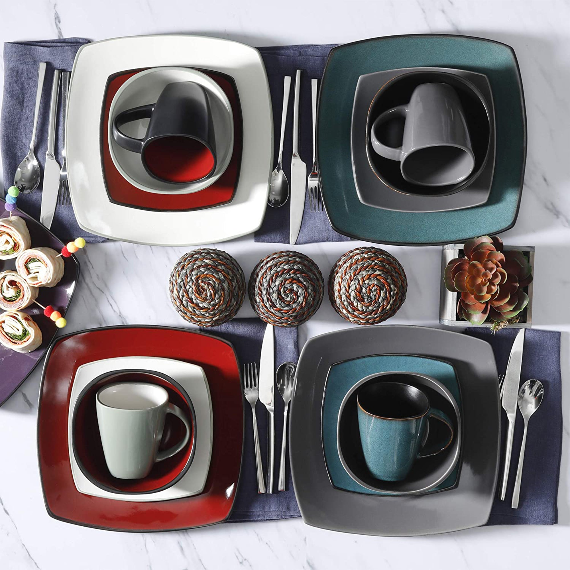 Gibson Soho Lounge Square Reactive Glaze Stoneware 16 Piece Dinnerware Set, Gray